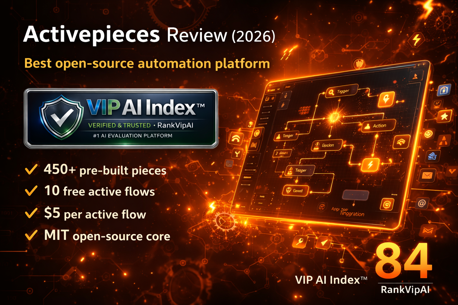 Activepieces review featured image for RankVipAI showing the 84 VIP AI Index score and AI automation tool interface