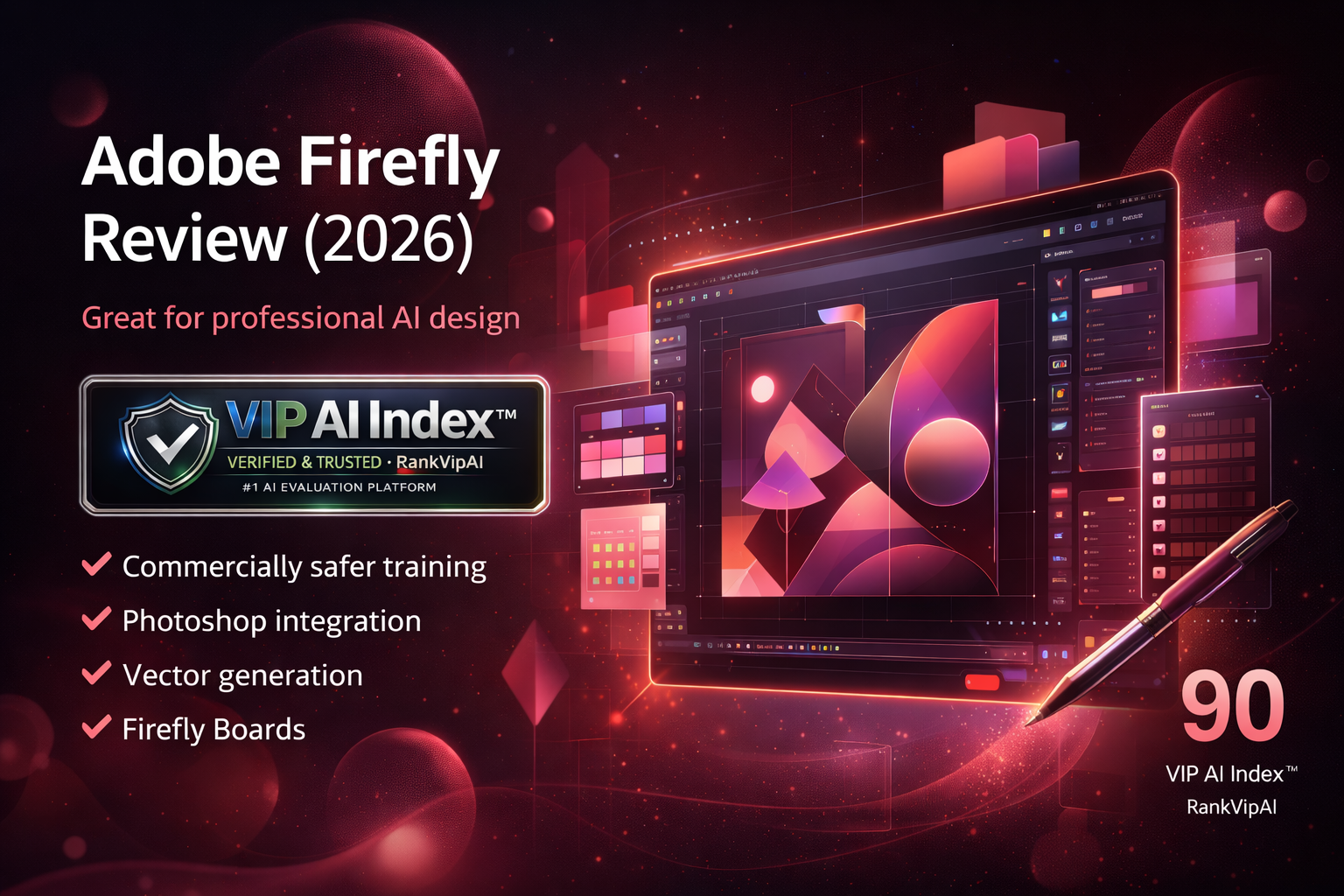 Adobe Firefly review featured image for RankVipAI showing the 90 VIP AI Index score and AI design workflow interface