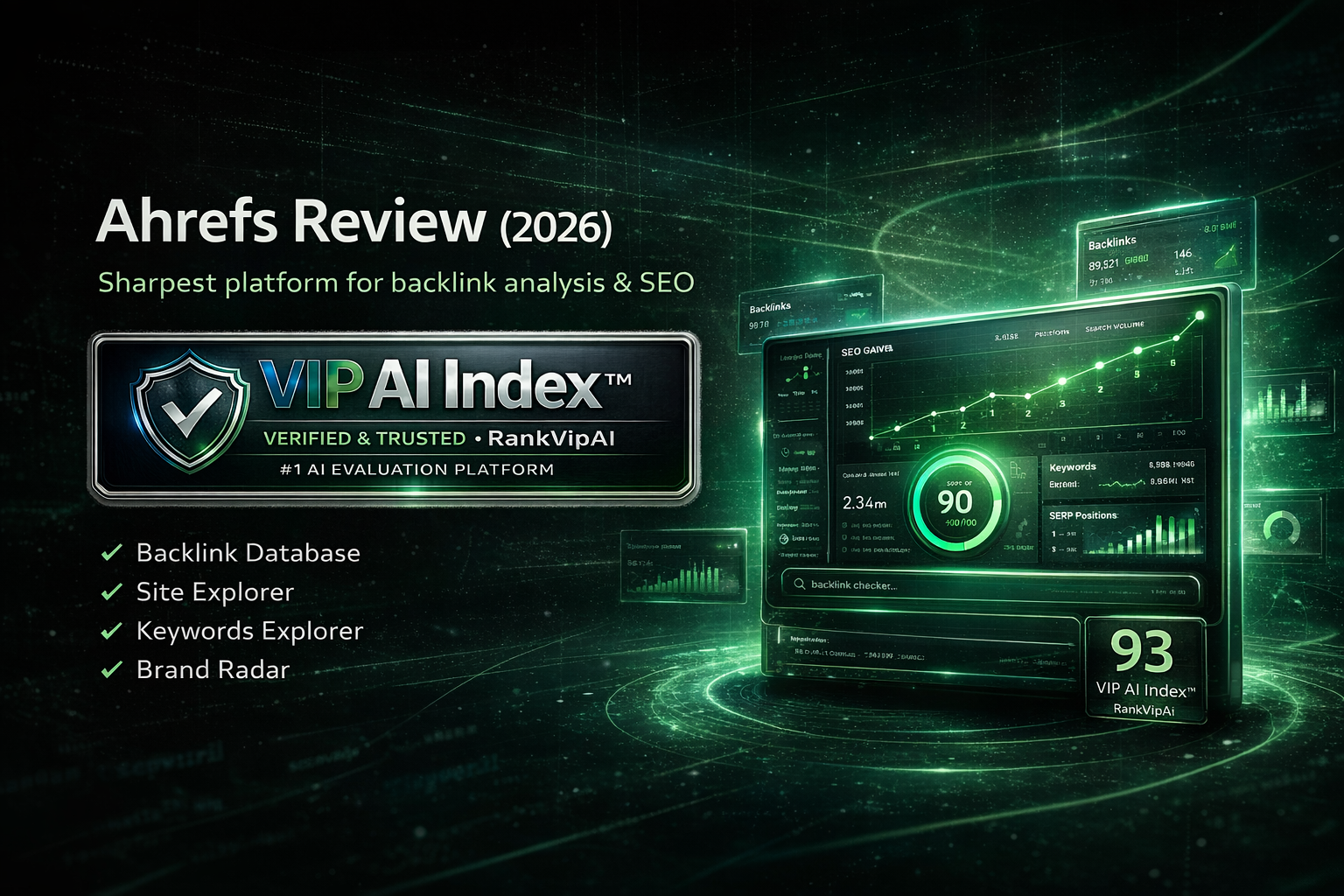 Ahrefs review featured image for RankVipAI showing the 93 VIP AI Index score and AI SEO platform interface