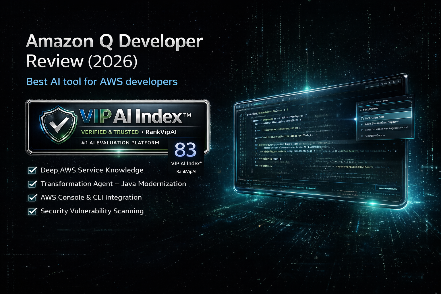 Amazon Q Developer review featured image for RankVipAI showing the 83 VIP AI Index score and AI coding assistant interface