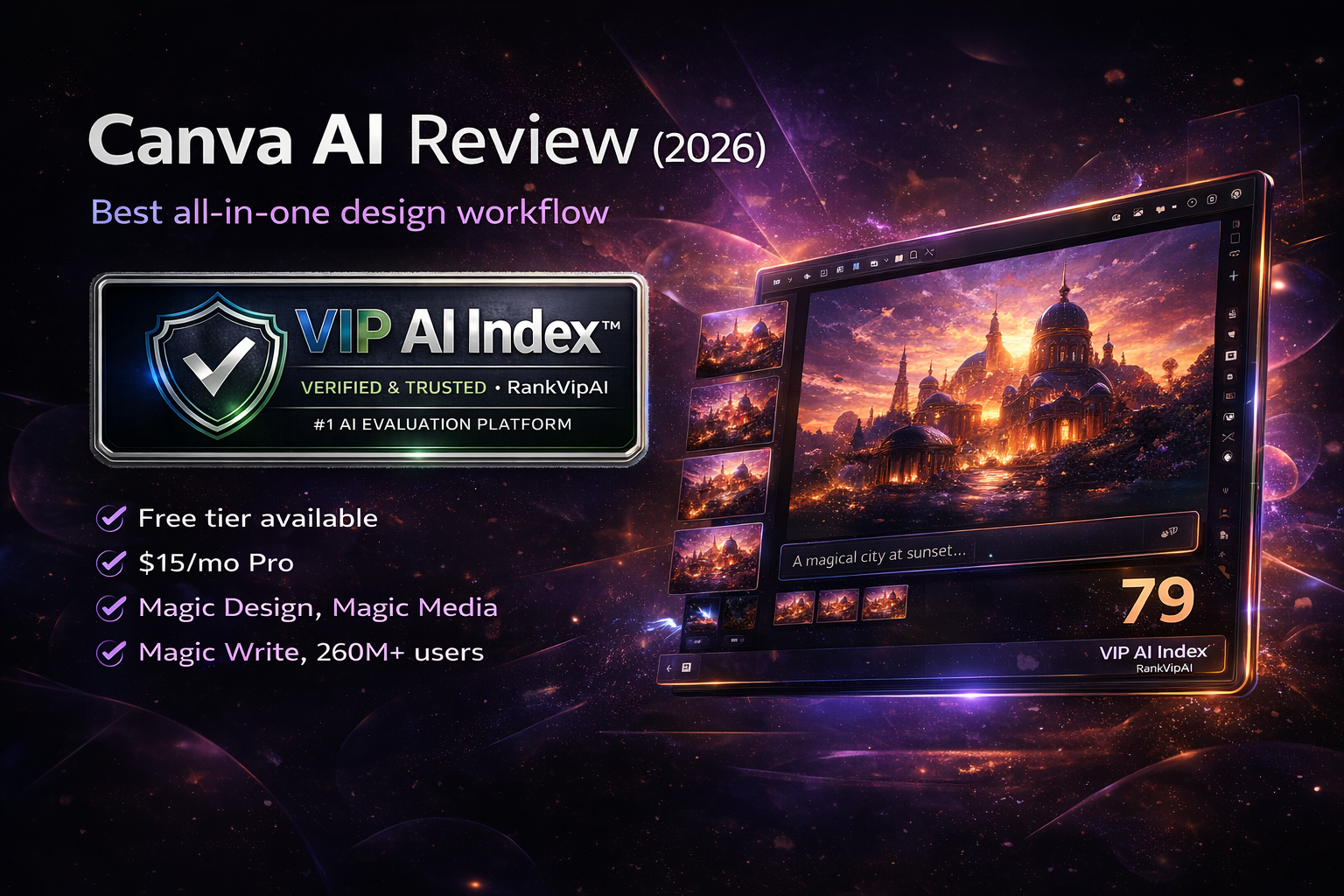 Canva AI review featured image for RankVipAI showing the 79 VIP AI Index score and Canva Magic Studio interface