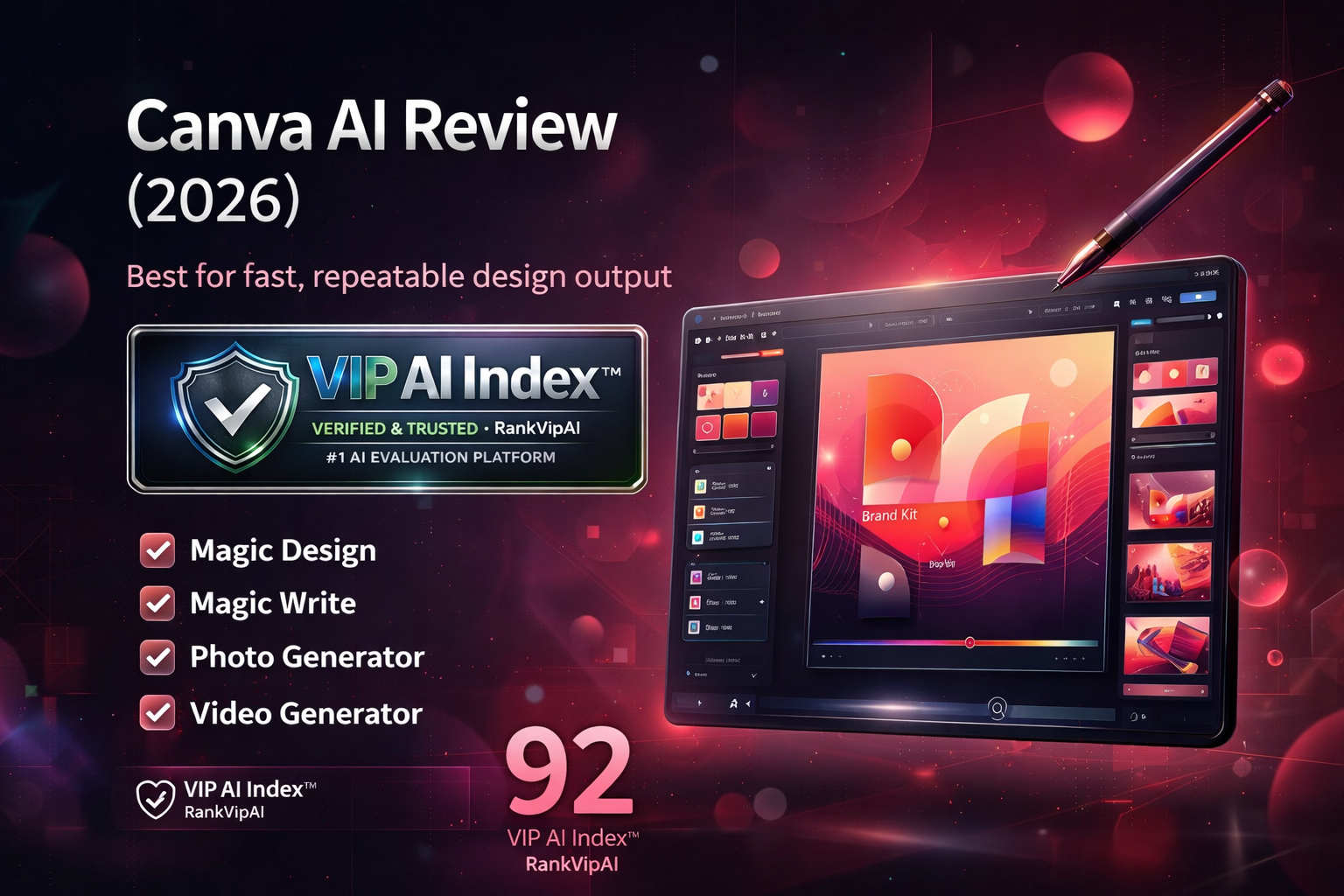 Canva AI review featured image for RankVipAI showing the 92 VIP AI Index score and AI design tool interface