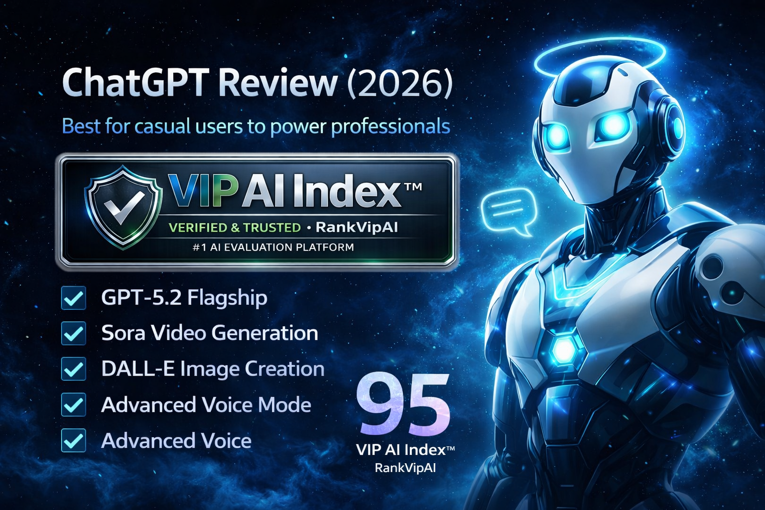 ChatGPT review featured image for RankVipAI showing the 95 VIP AI Index score and ChatGPT interface