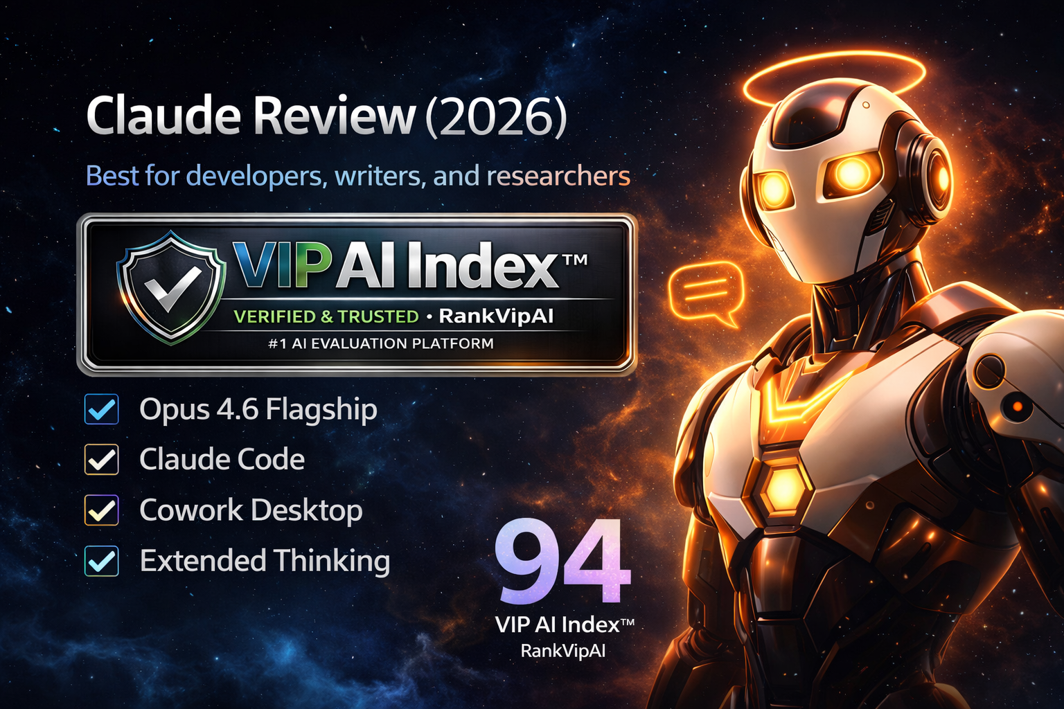Claude review featured image for RankVipAI showing the 94 VIP AI Index score and Anthropic Claude interface