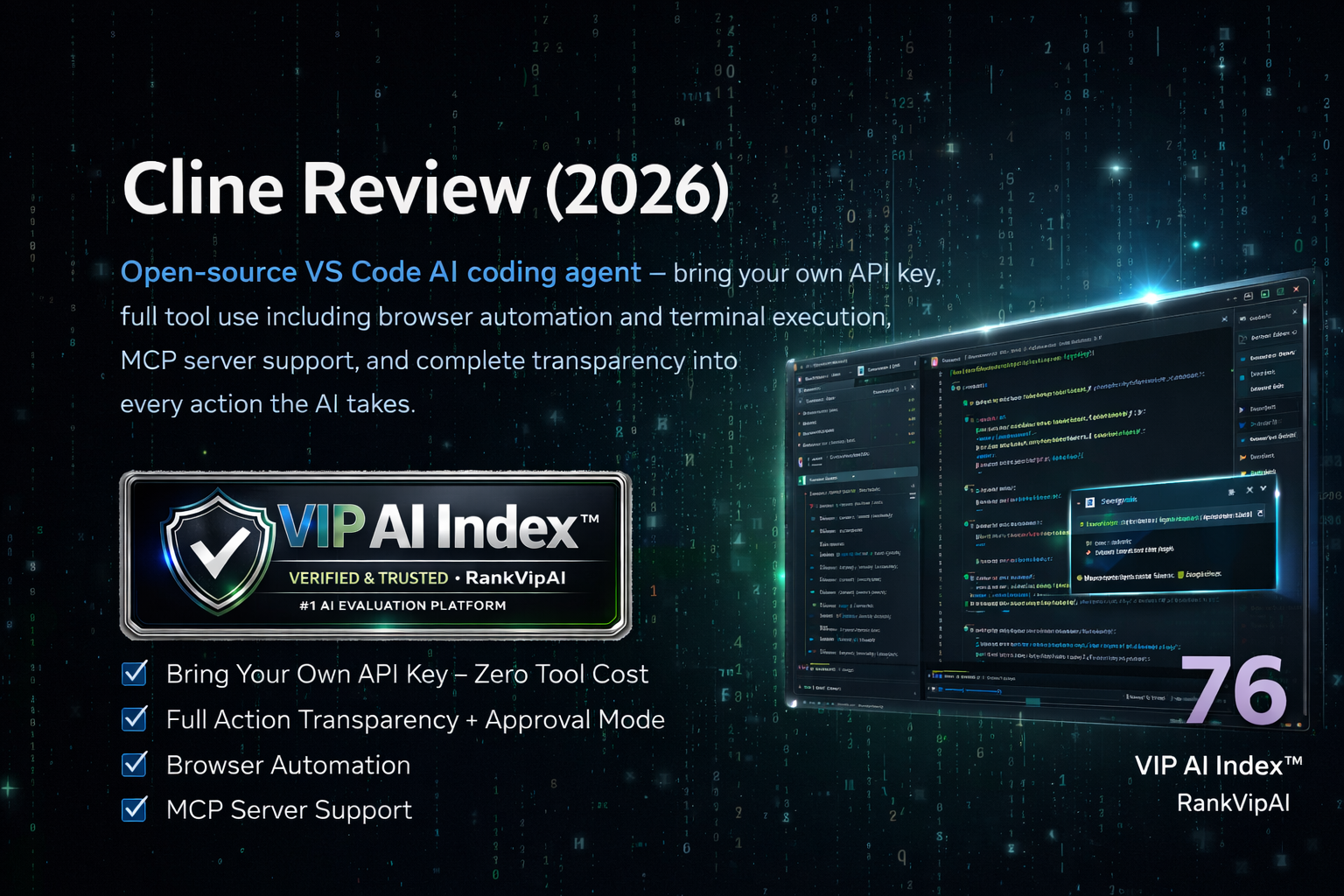 Cline review featured image for RankVipAI showing the 76 VIP AI Index score and open-source AI coding assistant interface