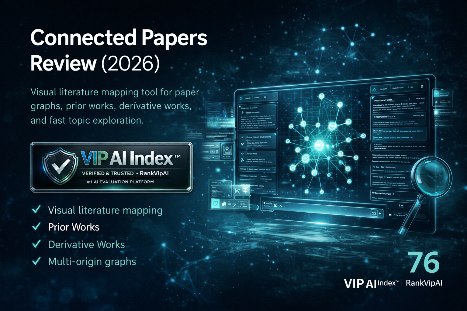 Connected Papers review featured image for RankVipAI showing the 76 VIP AI Index score and AI research tool interface
