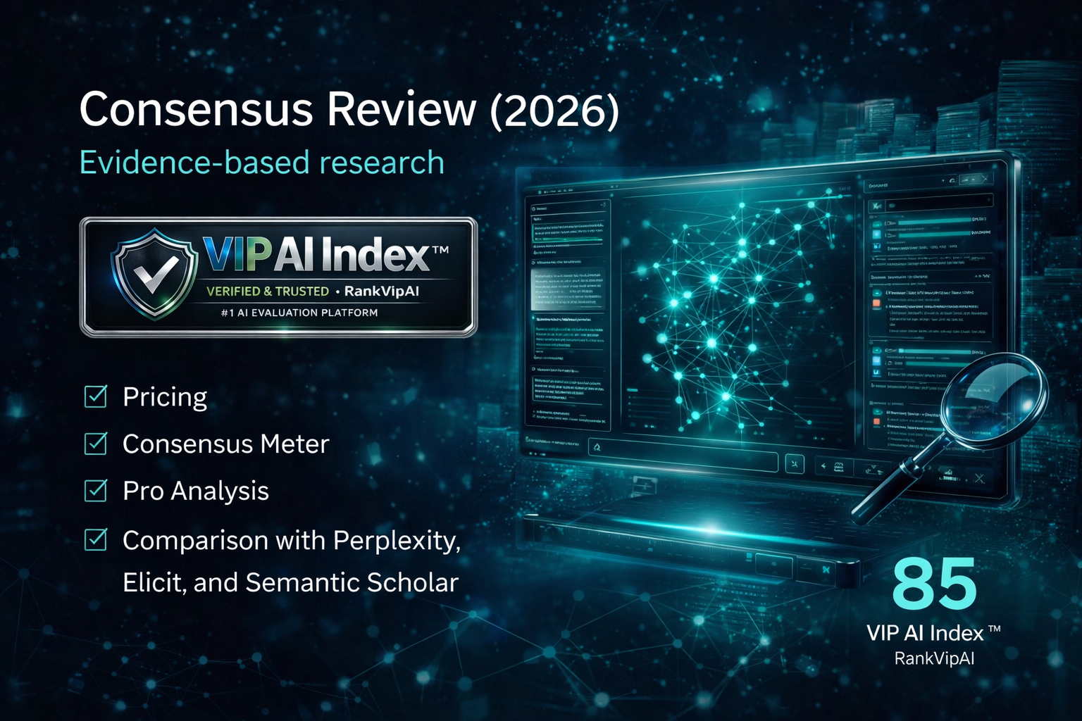 Consensus review featured image for RankVipAI showing the 85 VIP AI Index score and AI research tool interface