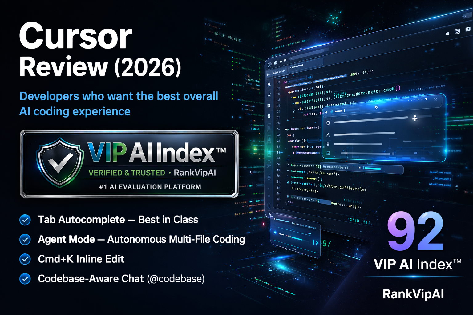 Cursor review featured image for RankVipAI showing the 92 VIP AI Index score and AI coding assistant interface