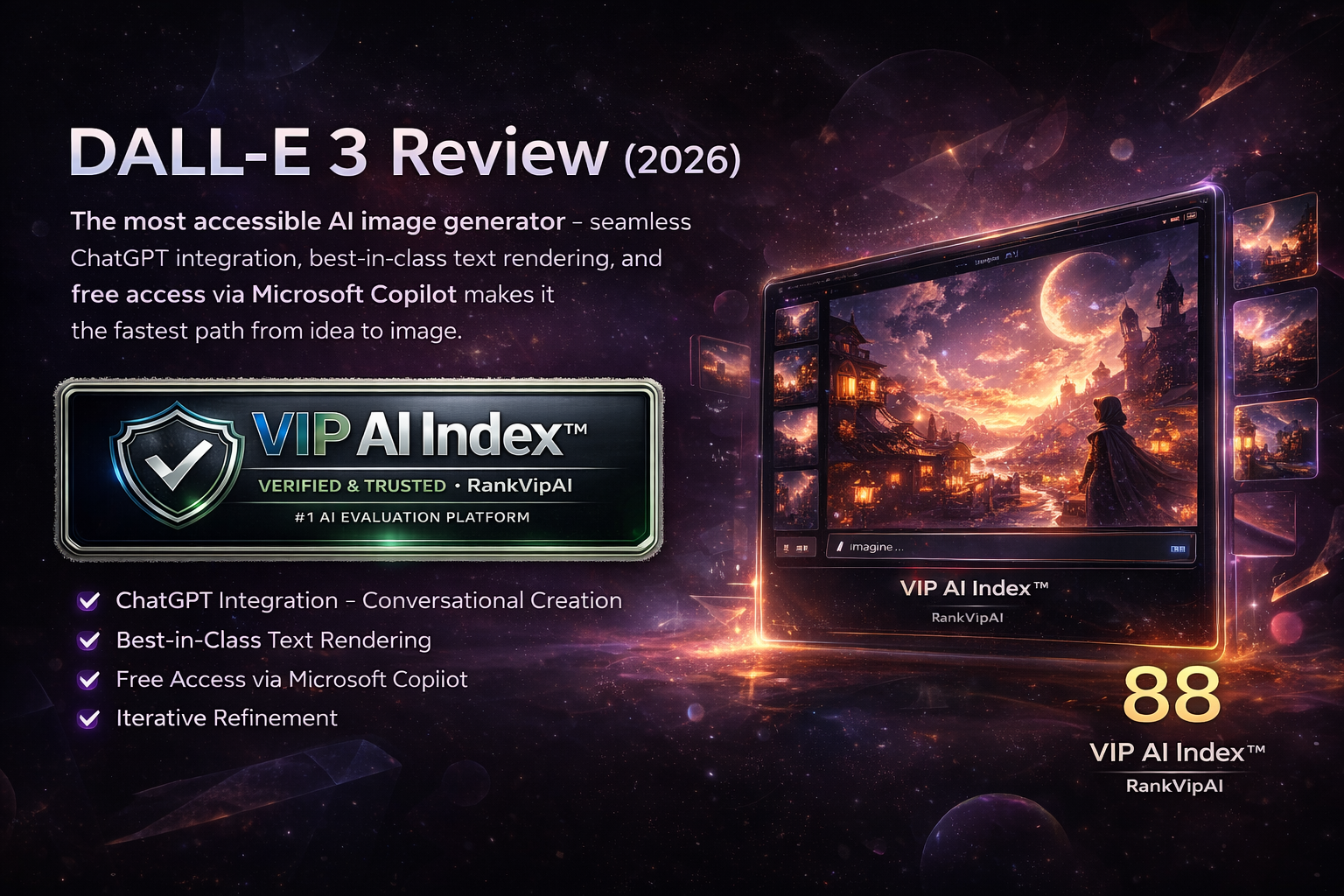 DALL-E 3 review featured image for RankVipAI showing the 88 VIP AI Index score and AI image generator branding