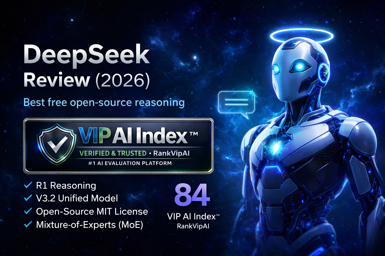 DeepSeek review featured image for RankVipAI showing the 84 VIP AI Index score and DeepSeek interface