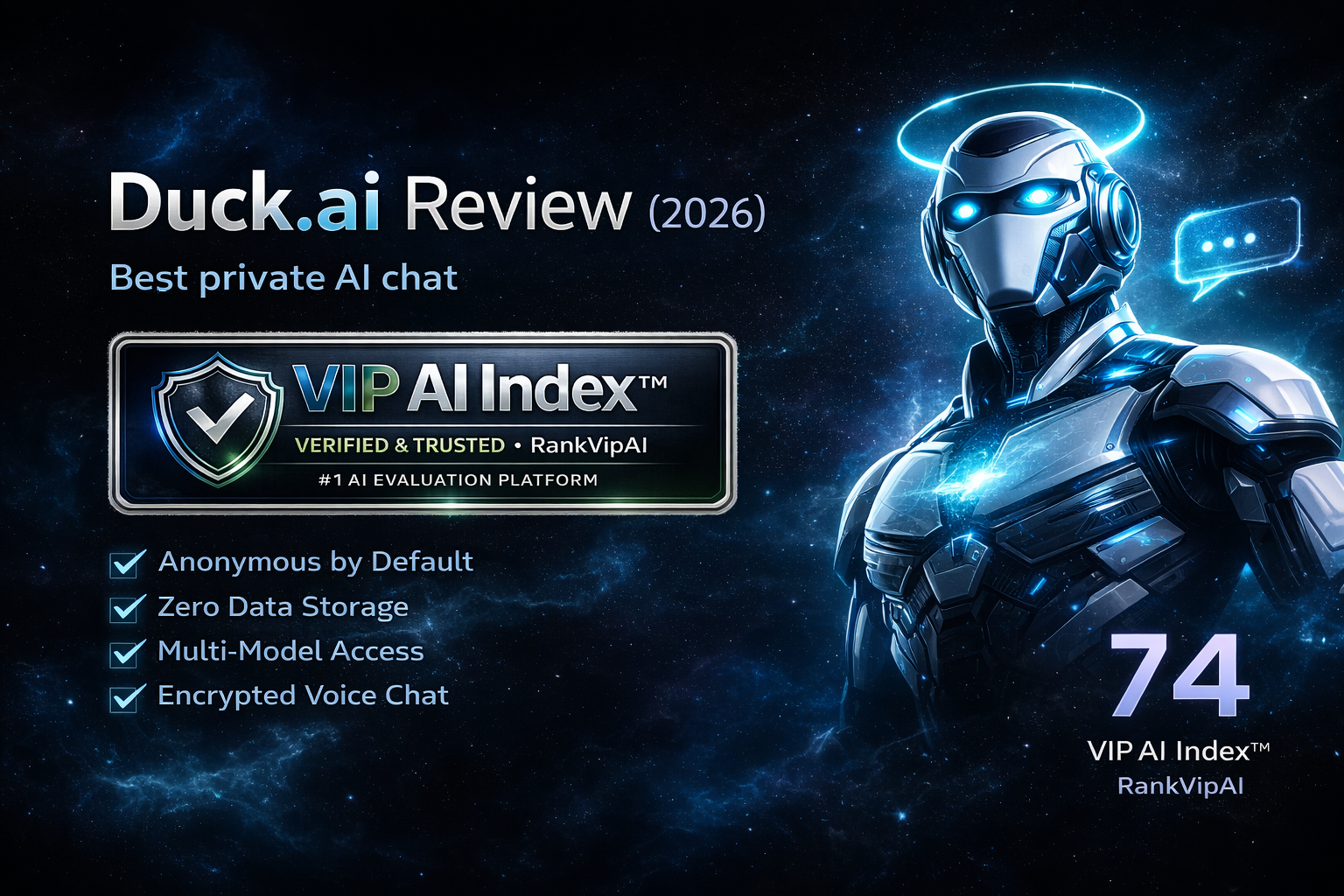 Duck.ai review featured image for RankVipAI showing the 74 VIP AI Index score and privacy-focused AI chat interface