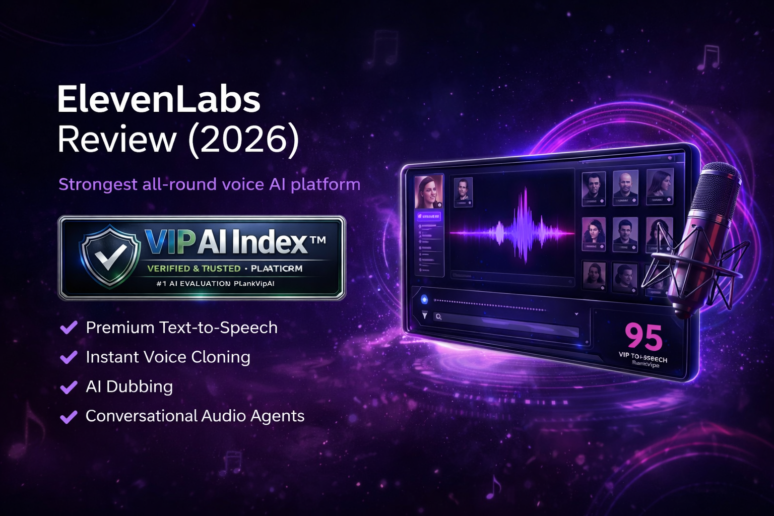 ElevenLabs review featured image for RankVipAI showing the 95 VIP AI Index score and AI voice platform interface