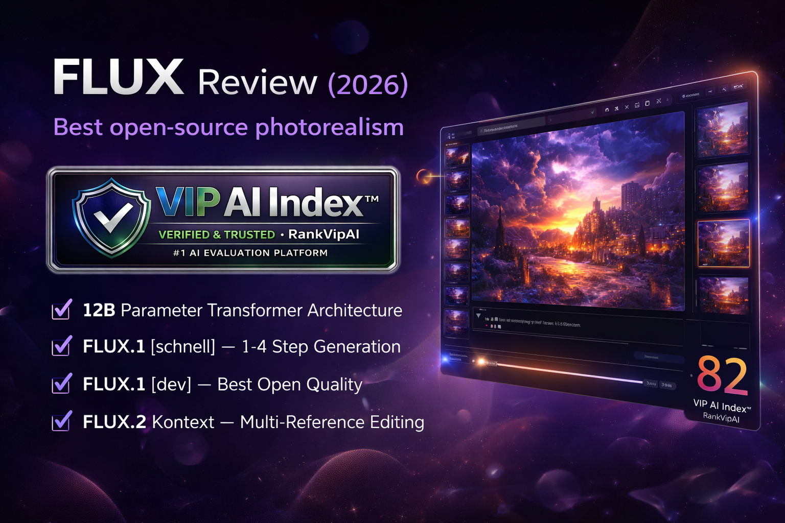 FLUX review featured image for RankVipAI showing the 82 VIP AI Index score and open-source AI image generator branding