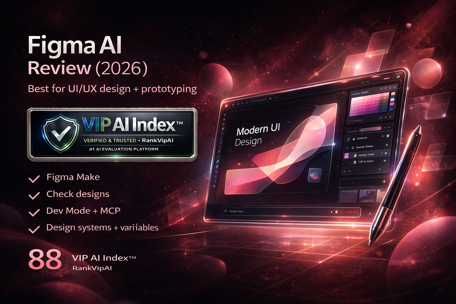 Figma AI review featured image for RankVipAI showing the 88 VIP AI Index score and product design workflow