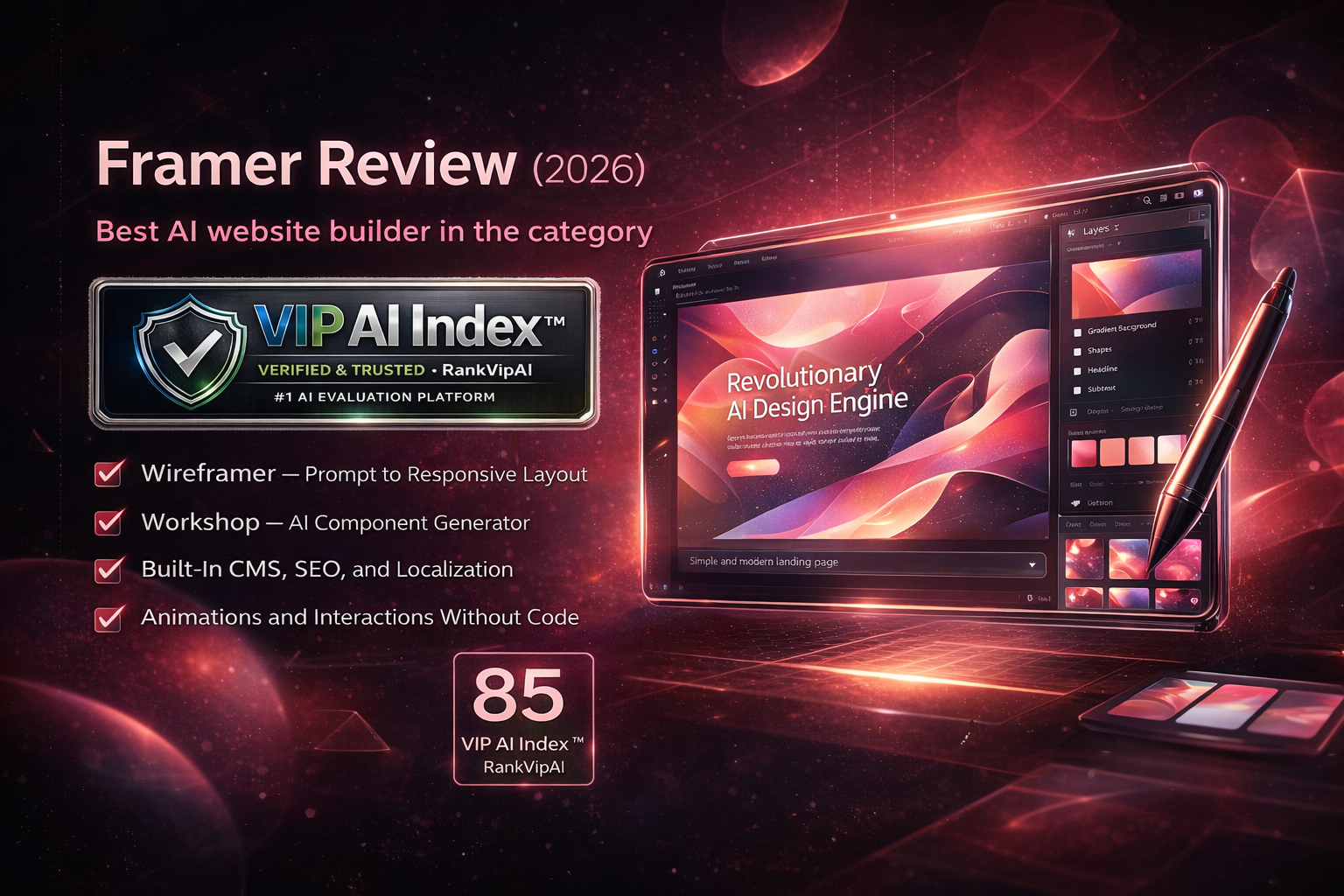 Framer review featured image for RankVipAI showing the 85 VIP AI Index score and AI website builder interface