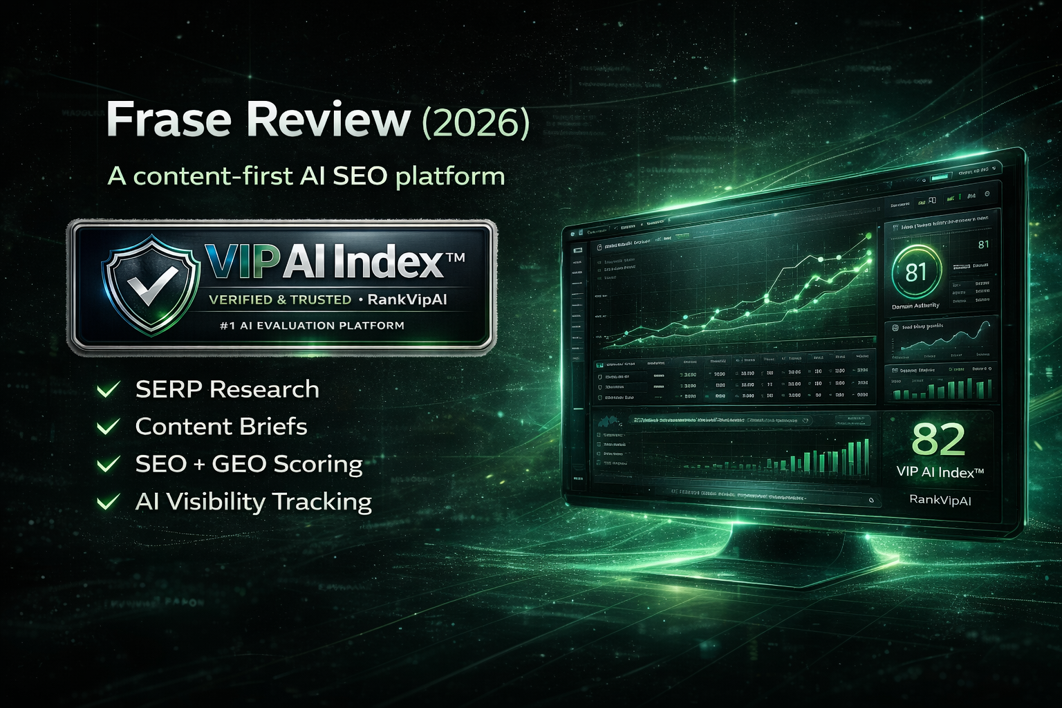 Frase review featured image for RankVipAI showing the 82 VIP AI Index score and Frase AI SEO workflow interface
