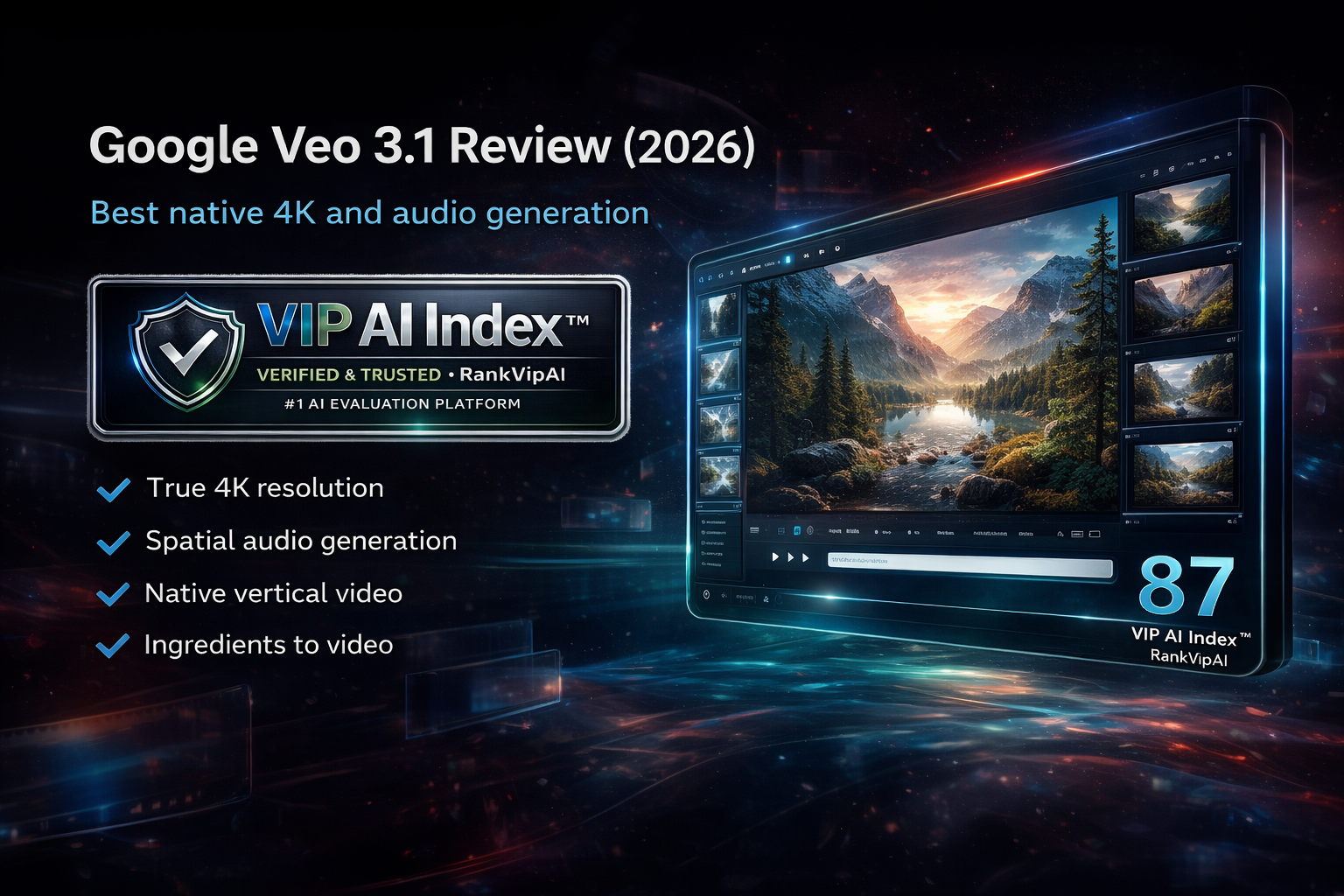 Google Veo 3.1 review featured image for RankVipAI showing the 87 VIP AI Index score and AI video interface