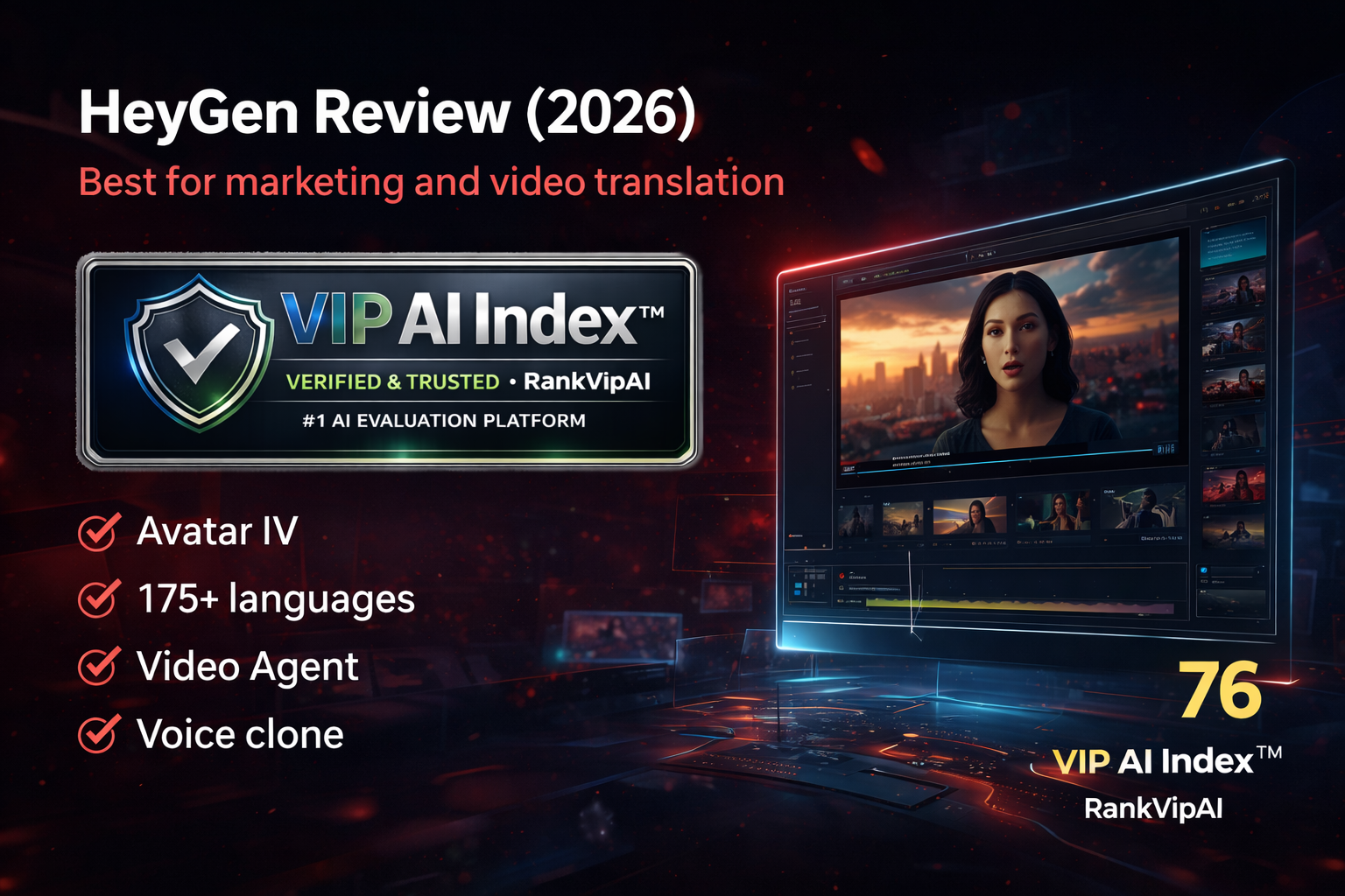 HeyGen review featured image for RankVipAI showing the VIP AI Index score and AI video tool interface