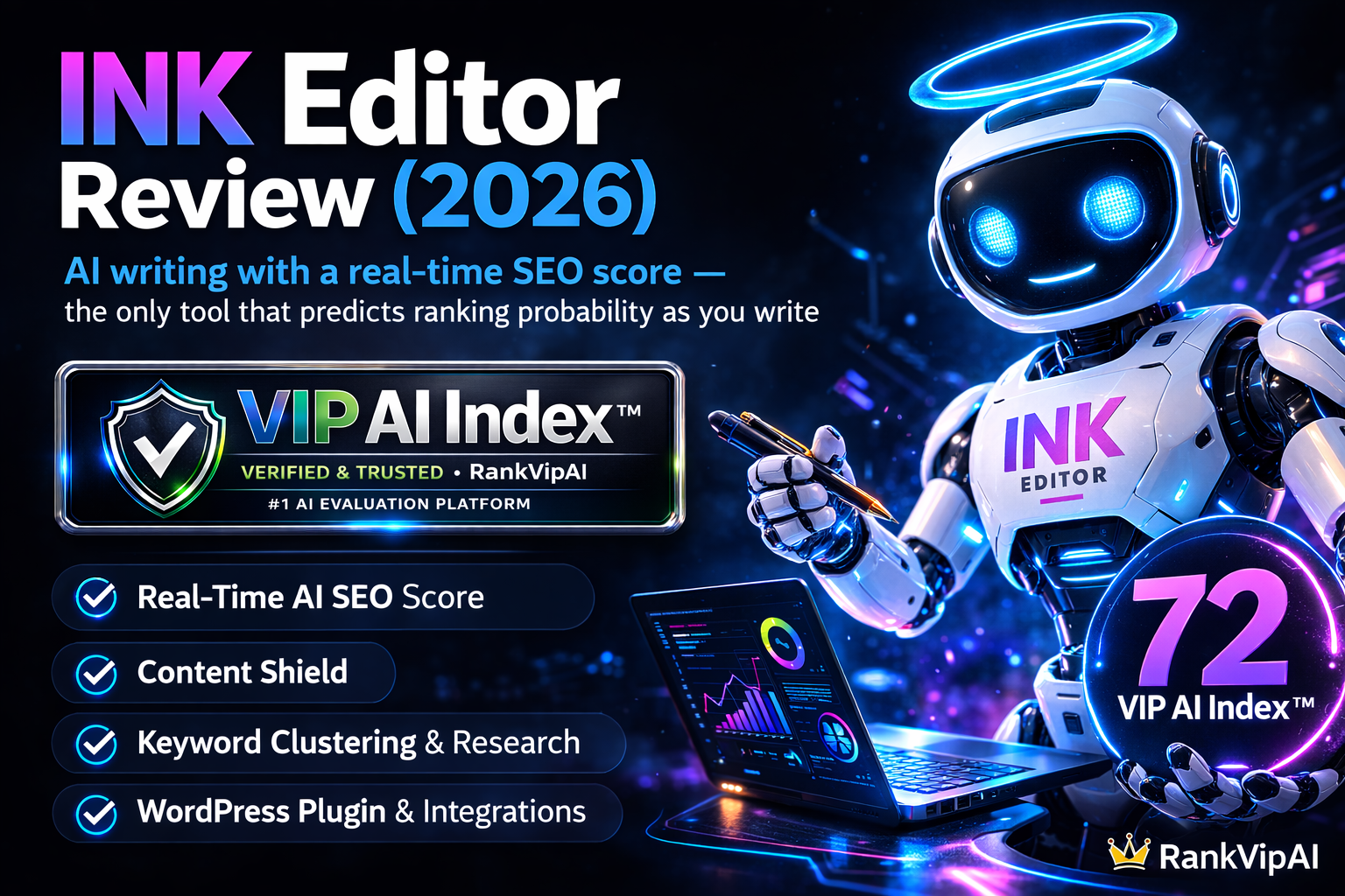 INK Editor Review 2026 featured image showing live SEO scoring, Content Shield, and VIP AI Index badge