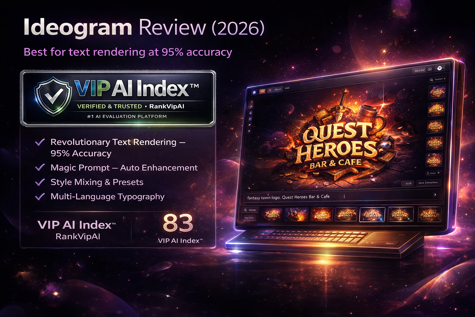 Ideogram review featured image for RankVipAI showing the 83 VIP AI Index score and AI image generator branding