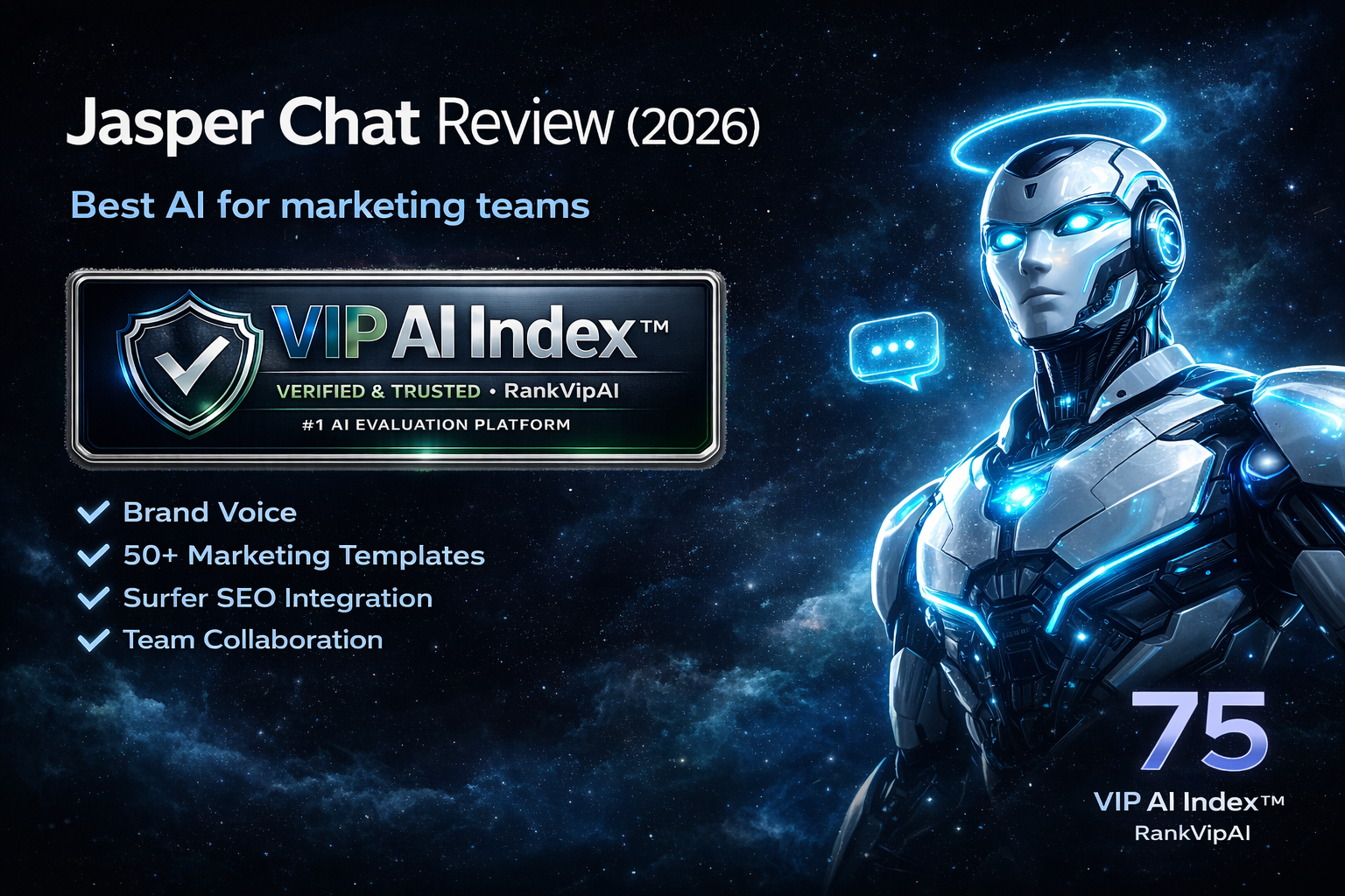 Jasper Chat review featured image for RankVipAI showing the 75 VIP AI Index score and AI marketing platform branding