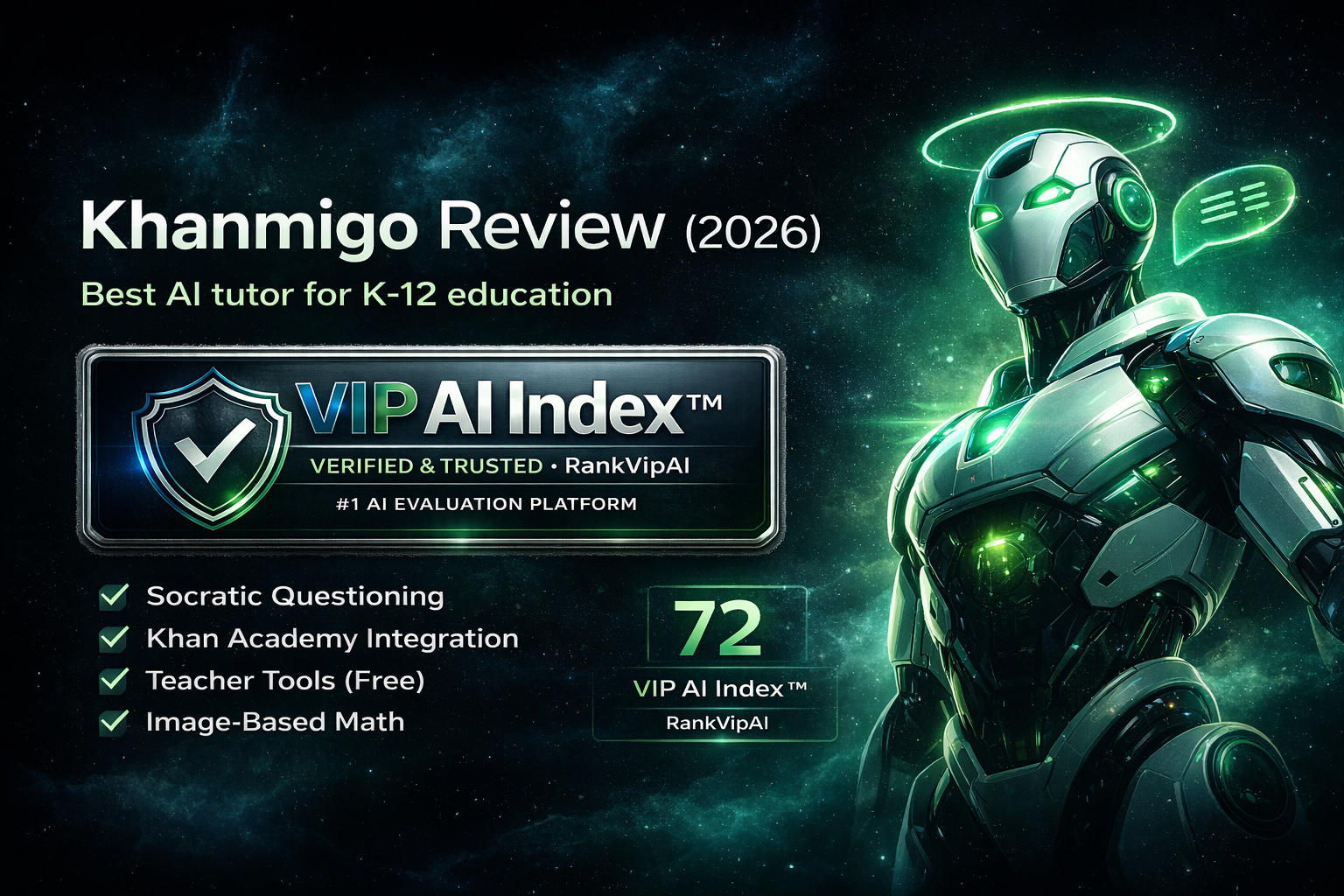 Khanmigo review featured image for RankVipAI showing the 72 VIP AI Index score and AI tutor interface