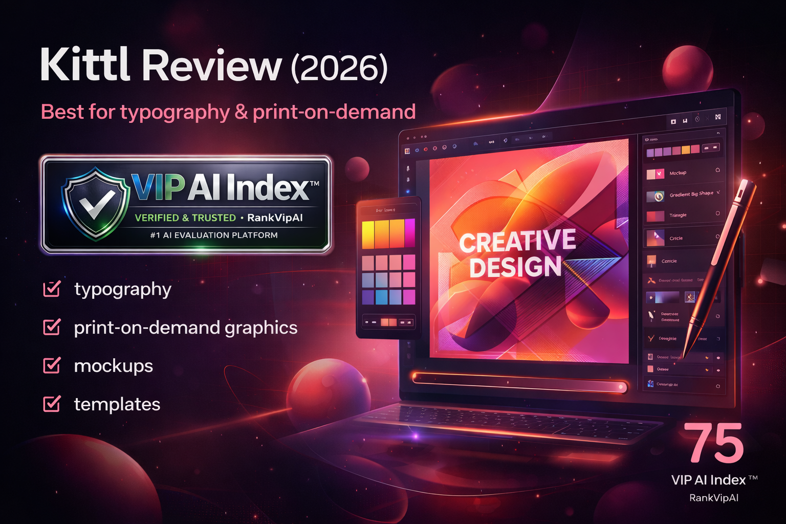 Kittl review featured image for RankVipAI showing the 75 VIP AI Index score and AI design interface