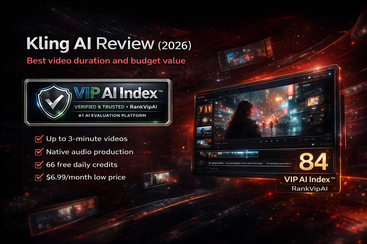 Kling AI review featured image for RankVipAI showing the 84 VIP AI Index score and AI video tool interface