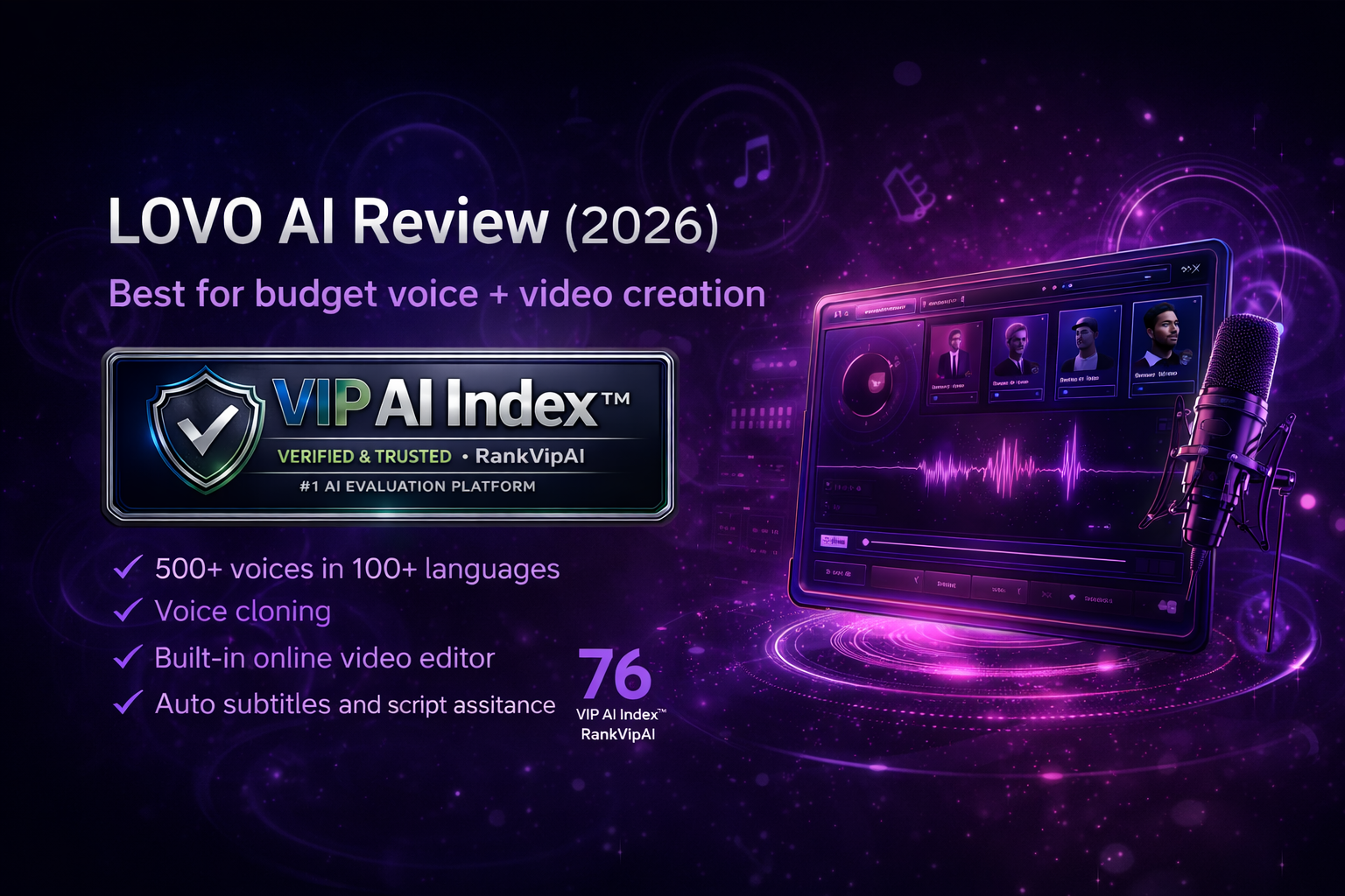 LOVO AI review featured image for RankVipAI showing the 76 VIP AI Index score and AI voice platform interface