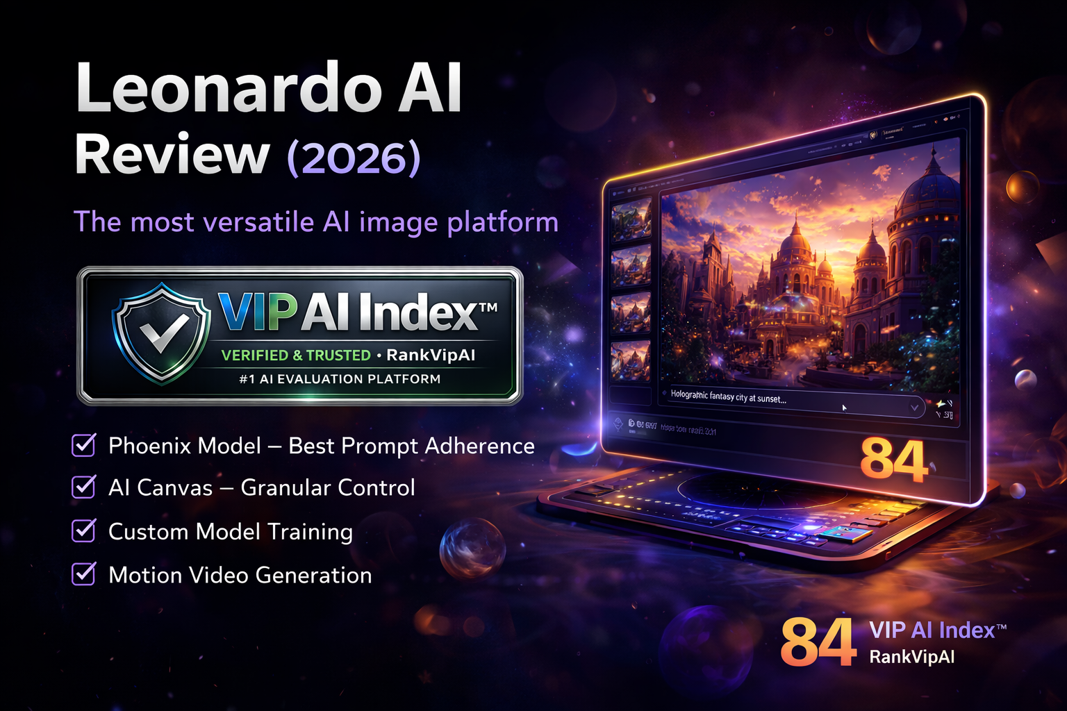 Leonardo AI review featured image for RankVipAI showing the 84 VIP AI Index score and AI image generation platform interface