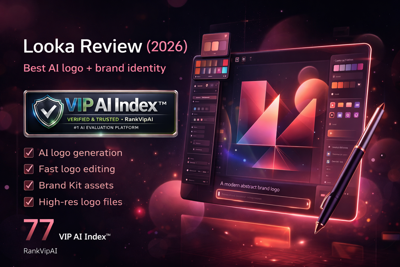 Looka review featured image for RankVipAI showing the 77 VIP AI Index score and AI logo branding workflow