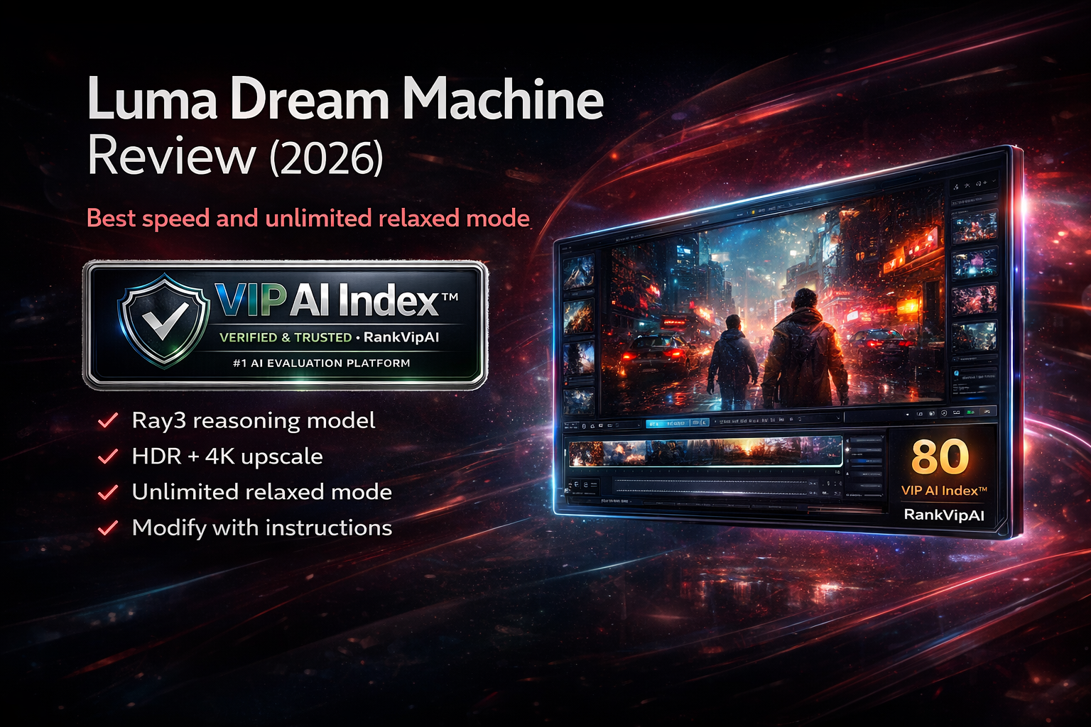 Luma Dream Machine review featured image for RankVipAI showing the VIP AI Index score and AI video tool overview