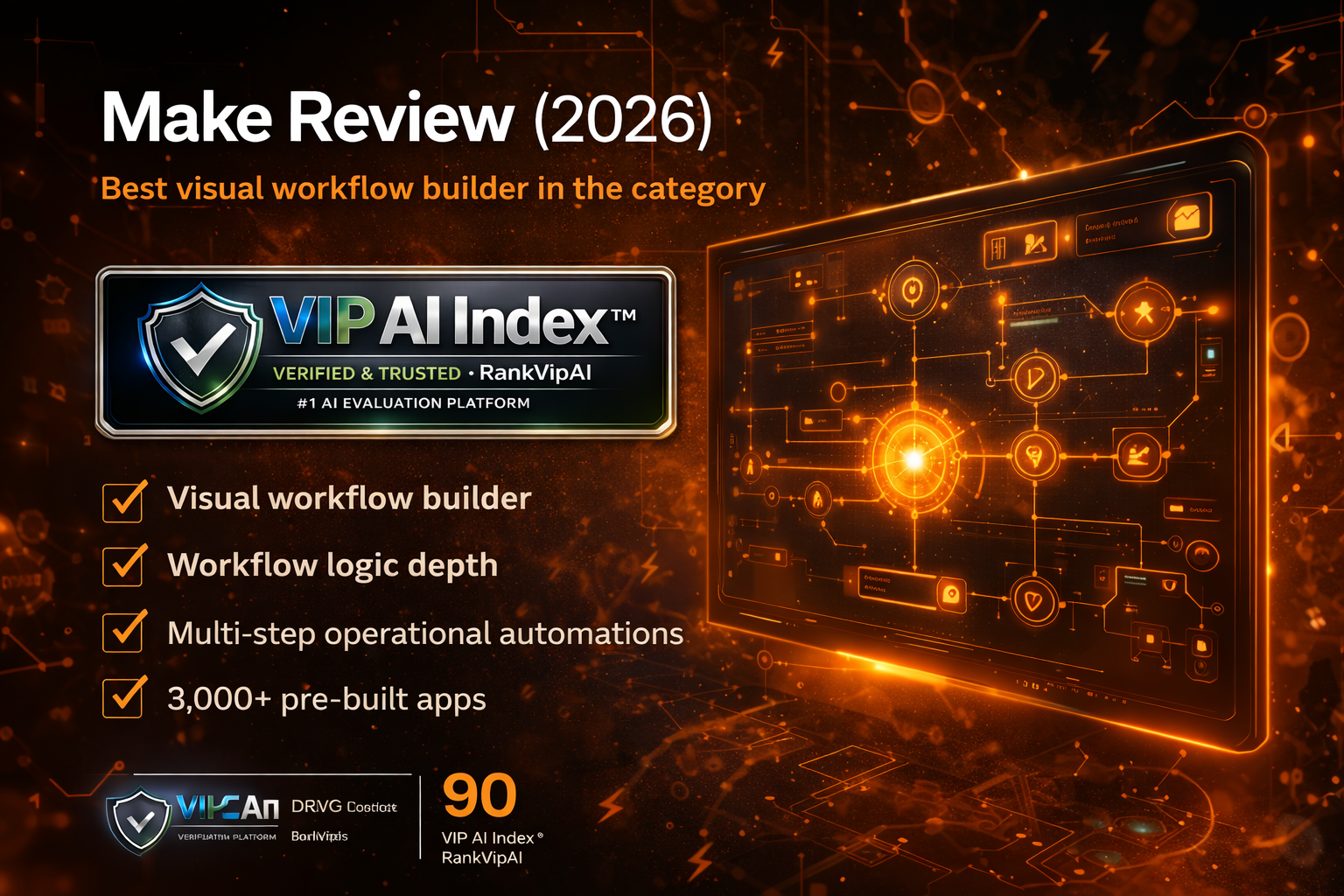 Make review featured image for RankVipAI showing the 90 VIP AI Index score and visual workflow automation interface