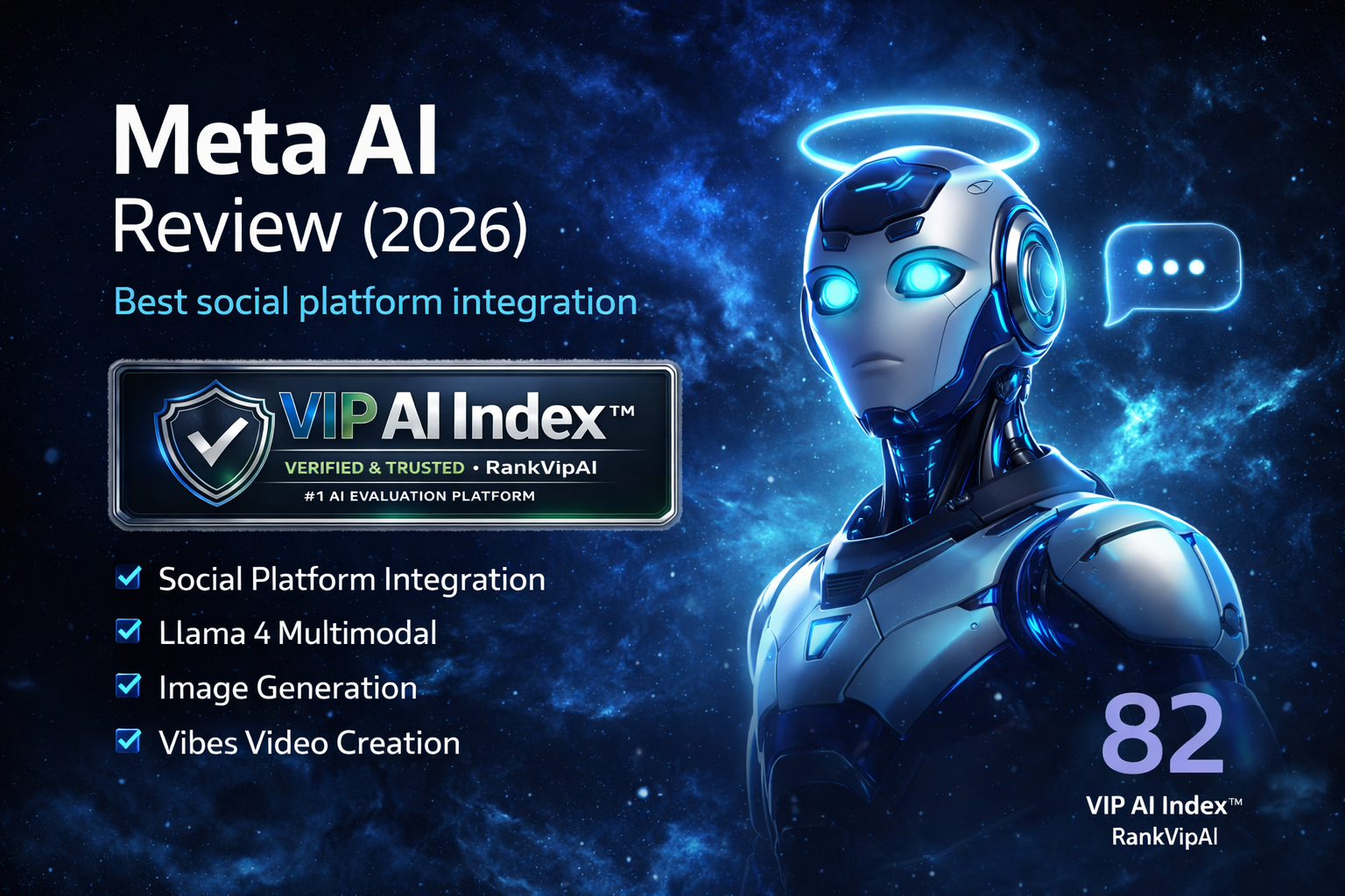 Meta AI review featured image for RankVipAI showing the 82 VIP AI Index score and Meta AI interface