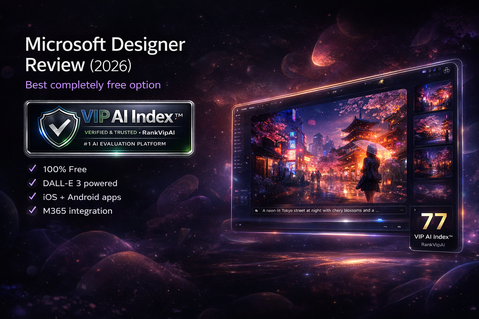 Microsoft Designer review featured image for RankVipAI showing the 77 VIP AI Index score and Microsoft Designer interface