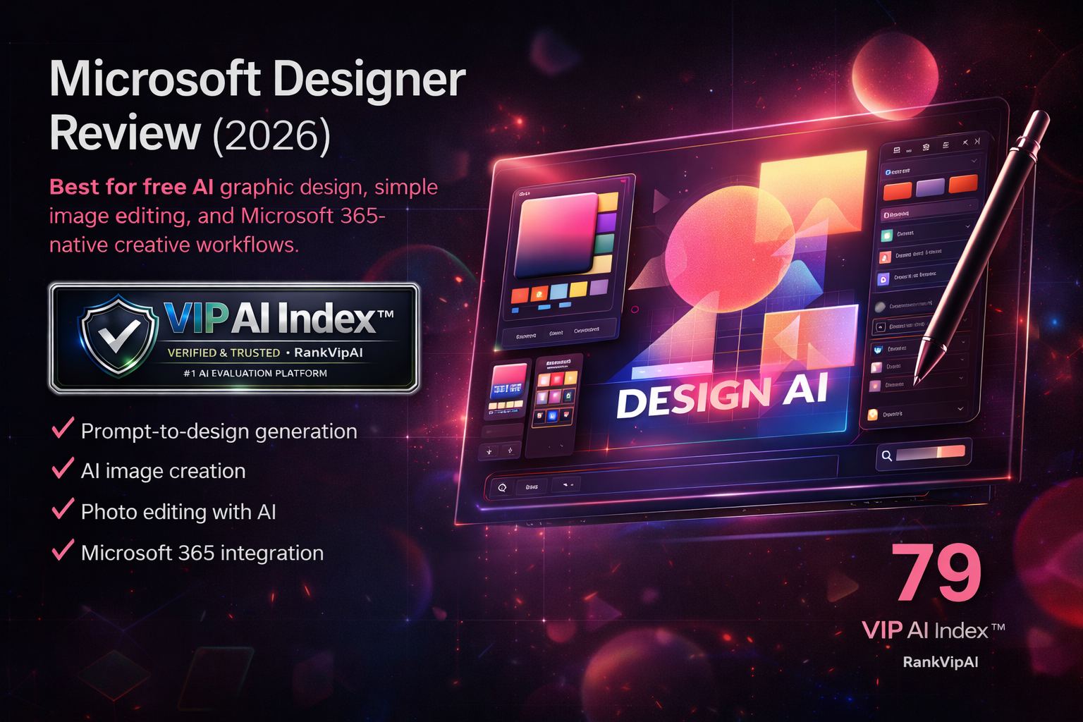 Microsoft Designer review featured image for RankVipAI showing the 79 VIP AI Index score and AI design workflow