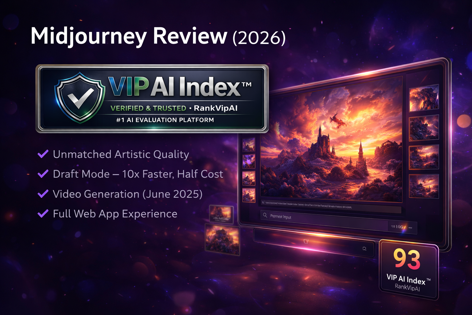 Midjourney review featured image for RankVipAI showing the 93 VIP AI Index score and AI image generation interface
