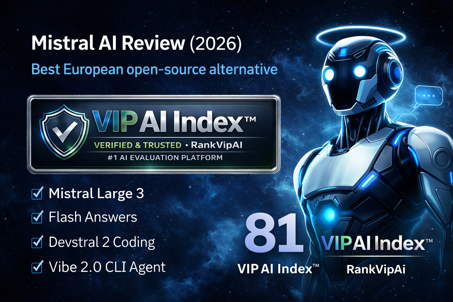 Mistral AI review featured image for RankVipAI showing the 81 VIP AI Index score and Le Chat interface