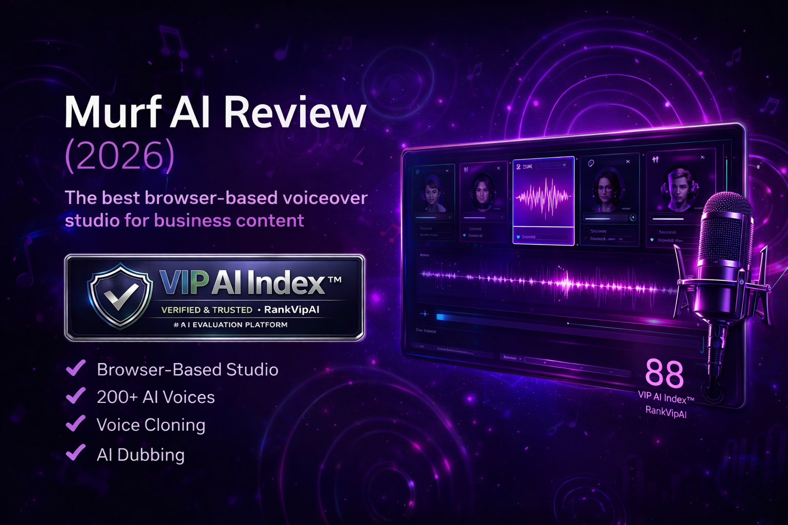 Murf AI review featured image for RankVipAI showing the 88 VIP AI Index score and AI voice studio interface
