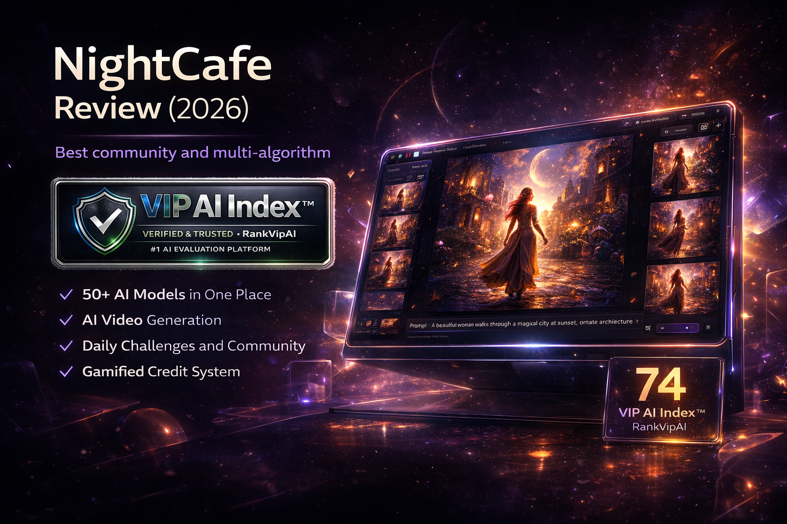 NightCafe review featured image for RankVipAI showing the 74 VIP AI Index score and NightCafe AI image generator branding