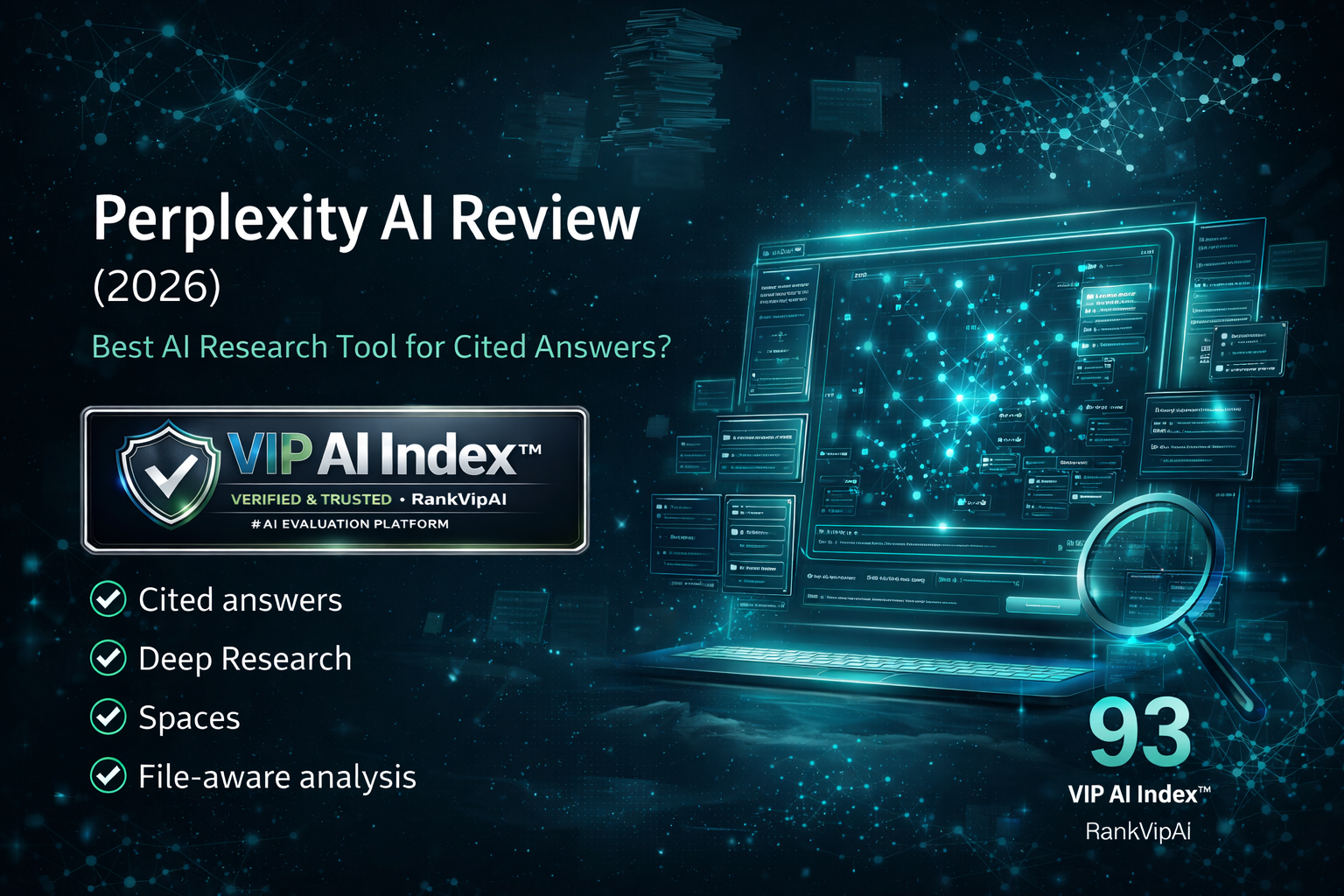 Perplexity AI review featured image for RankVipAI showing the 93 VIP AI Index score and AI research interface