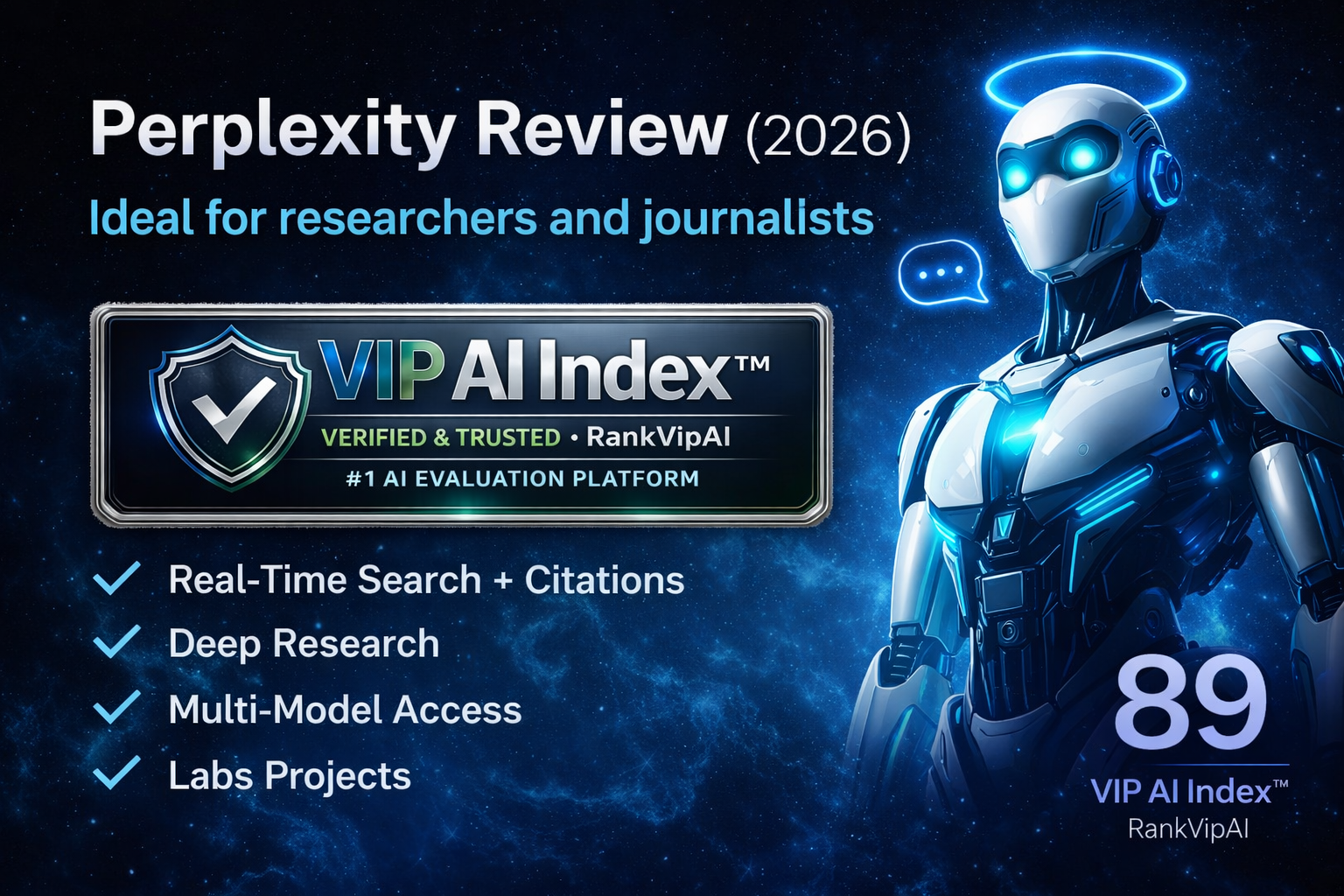 Perplexity review featured image for RankVipAI showing the 89 VIP AI Index score and AI chatbot interface