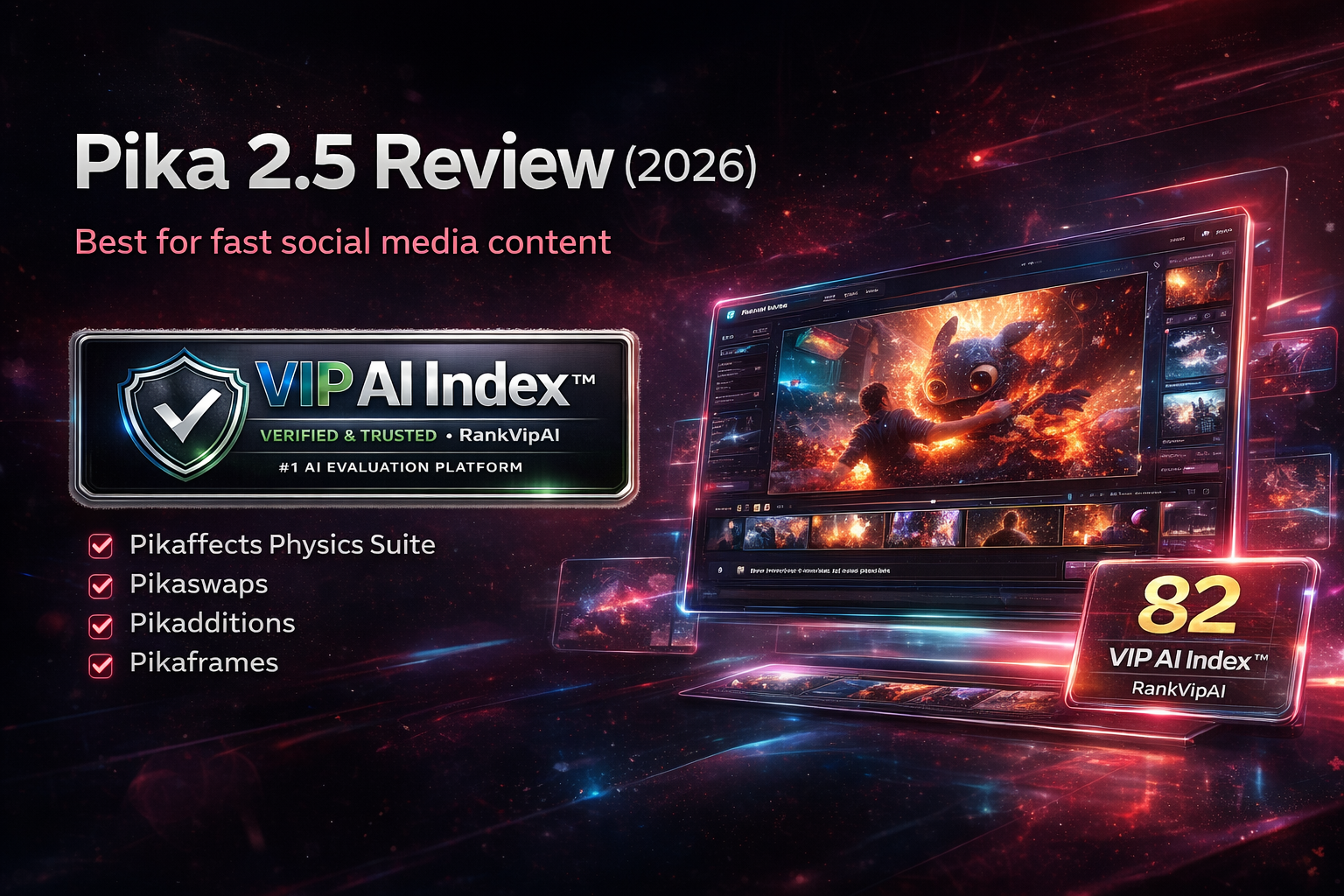 Pika 2.5 review featured image for RankVipAI showing the 82 VIP AI Index score and AI video tool interface