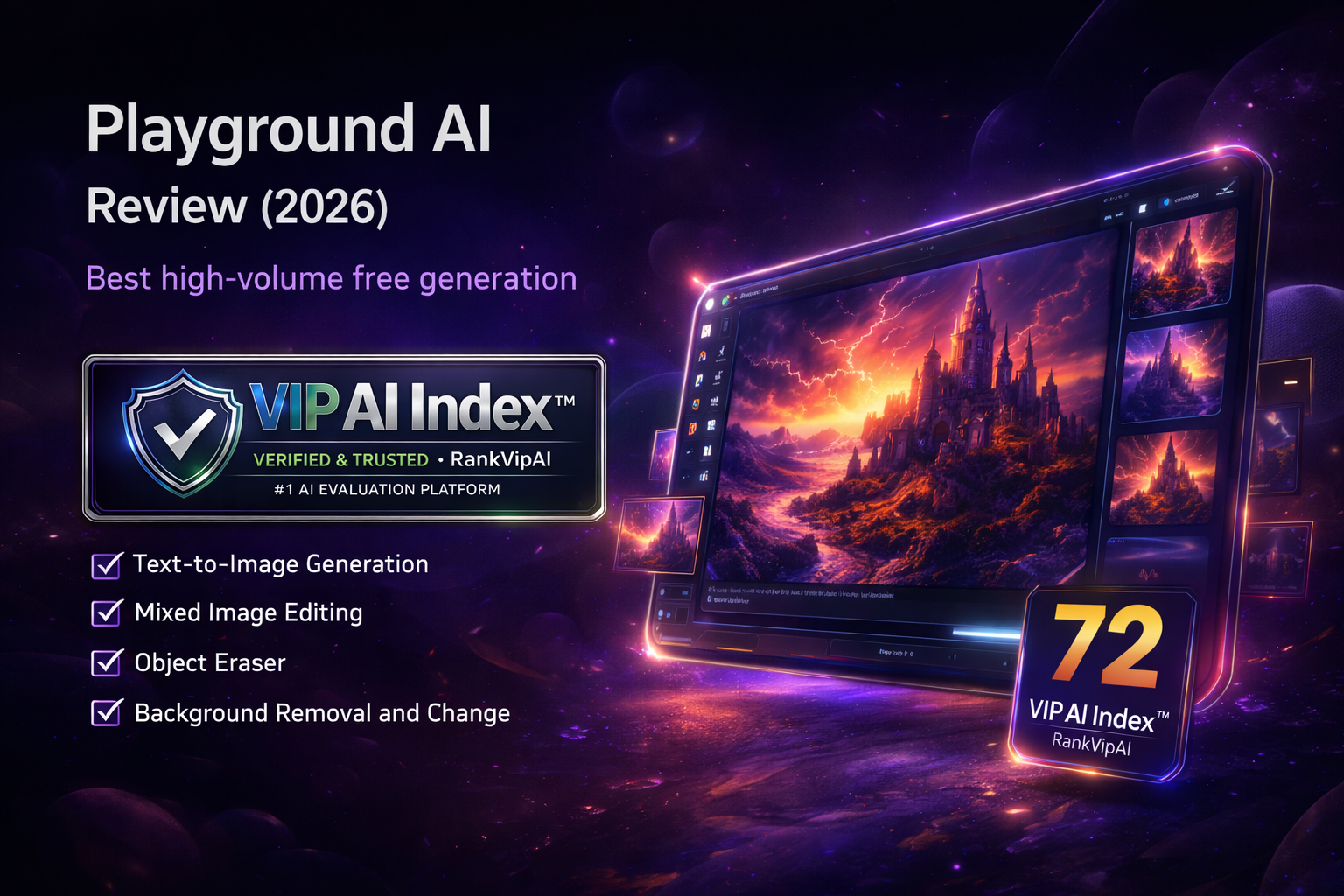 Playground AI review featured image for RankVipAI showing the 72 VIP AI Index score and AI image generator interface