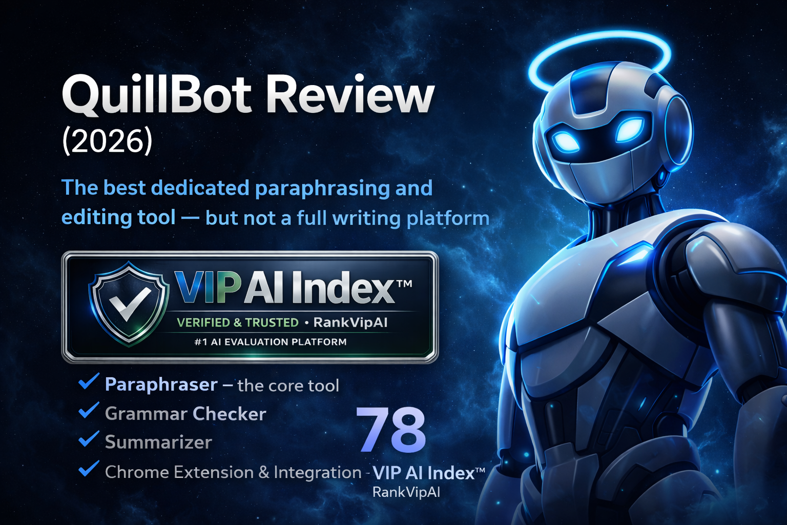 Review QuillBot 2026 featured image showing QuillBot score, AI writing tool analysis, and VIP AI Index badge