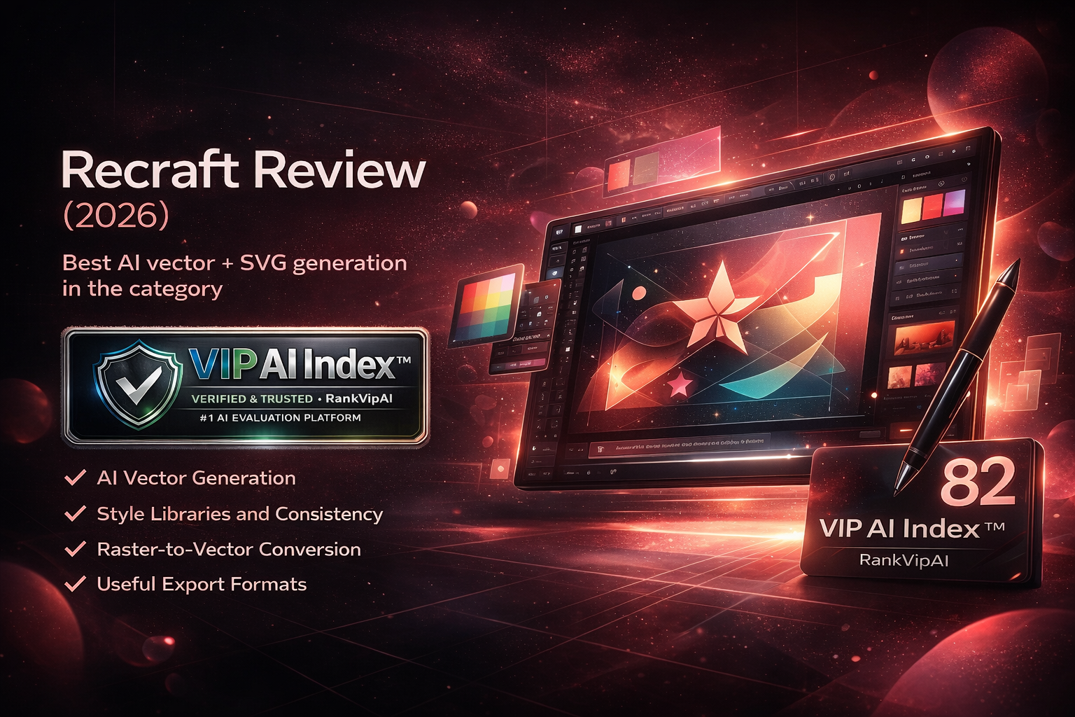 Recraft review featured image for RankVipAI showing the 82 VIP AI Index score and AI design tool interface