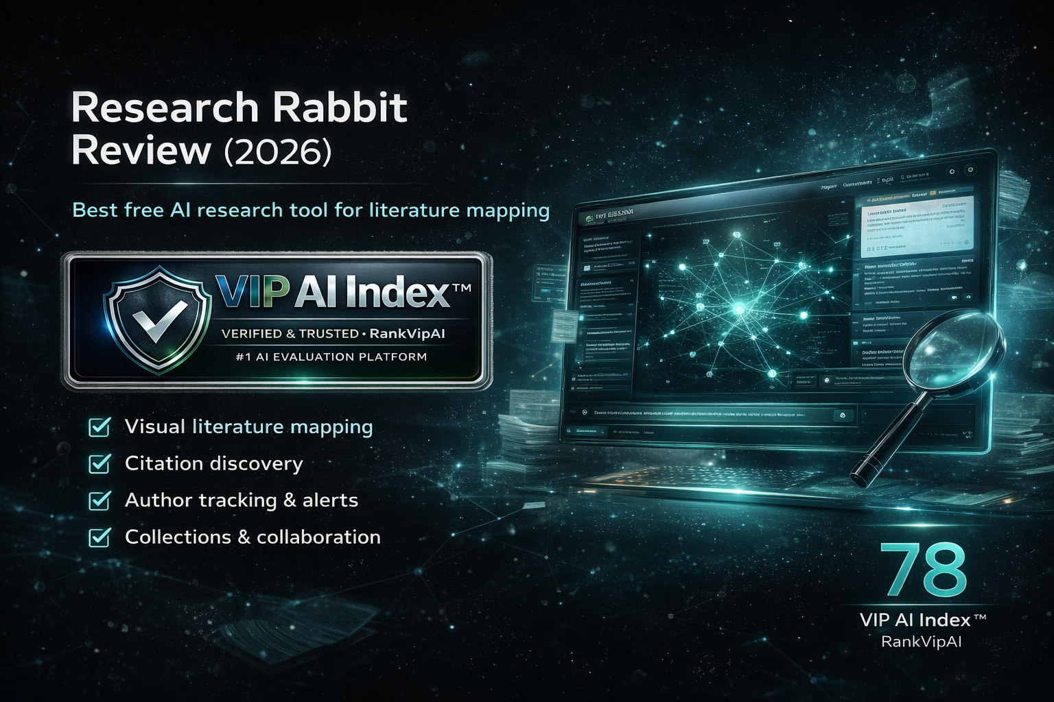 Research Rabbit review featured image for RankVipAI showing the 78 VIP AI Index score and AI research tool interface