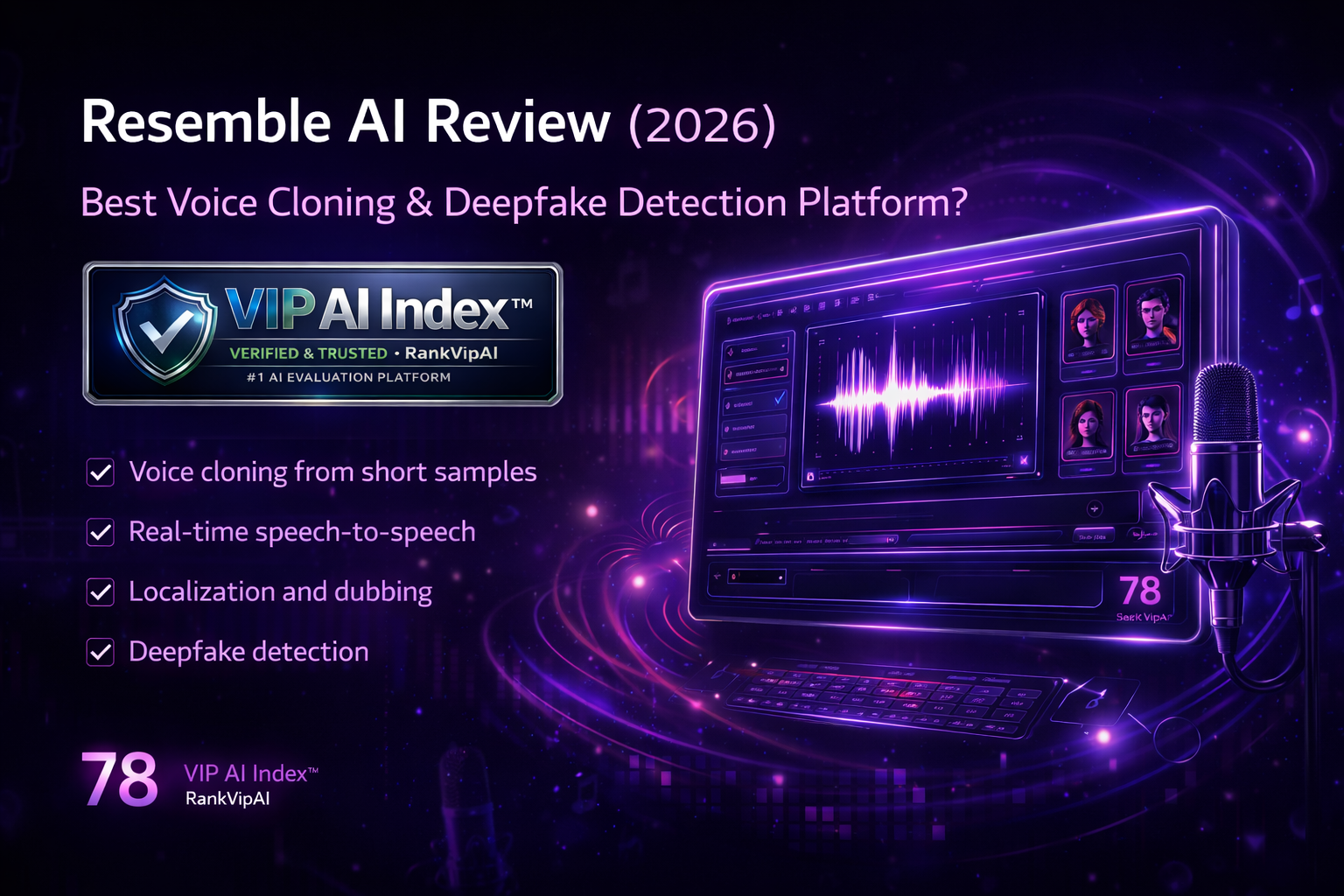 Resemble AI review featured image for RankVipAI showing the 78 VIP AI Index score and AI voice platform positioning