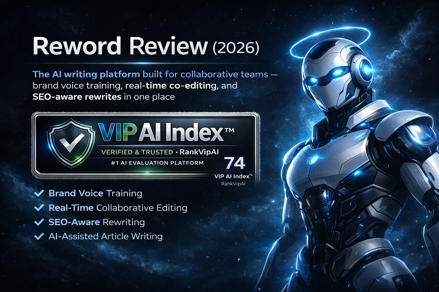Reword AI Writing Platform review image with VIP AI Index score, collaboration features, and brand voice training