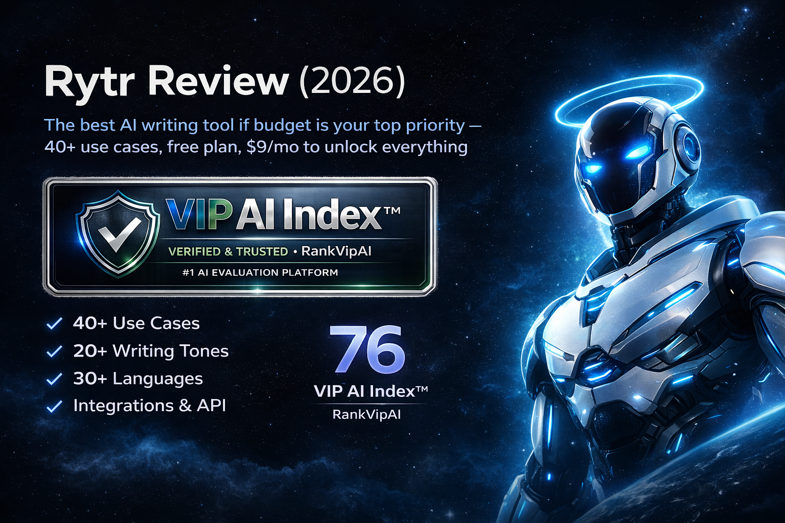Rytr Review 2026 featured image showing Rytr score, budget AI writing tool analysis, and VIP AI Index badge
